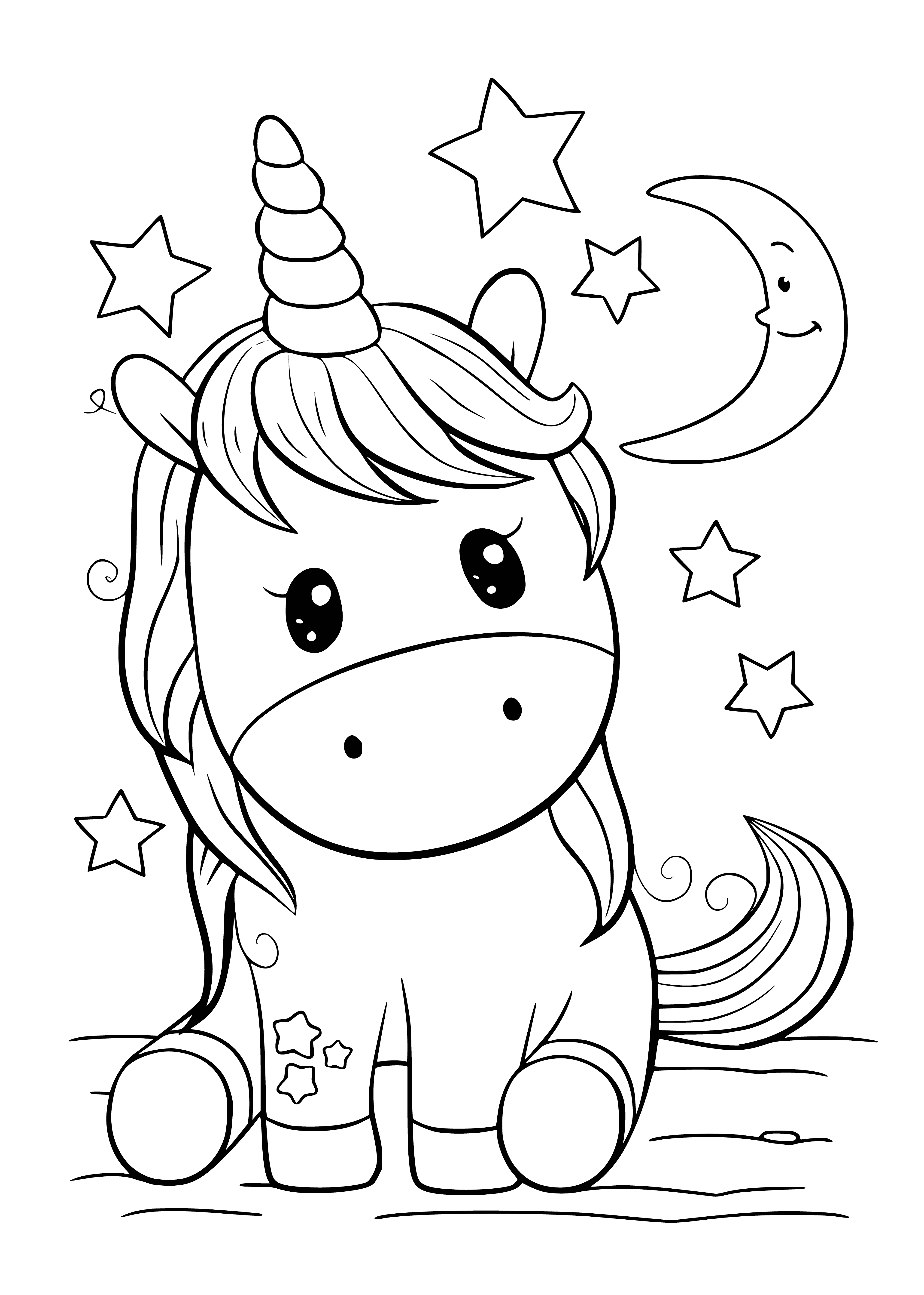 coloring page: Cute unicorn with pink mane/tail, blue w/ rainbow stripes, standing on cloud & star above head - perfect for kawaii coloring page! #unicornlove