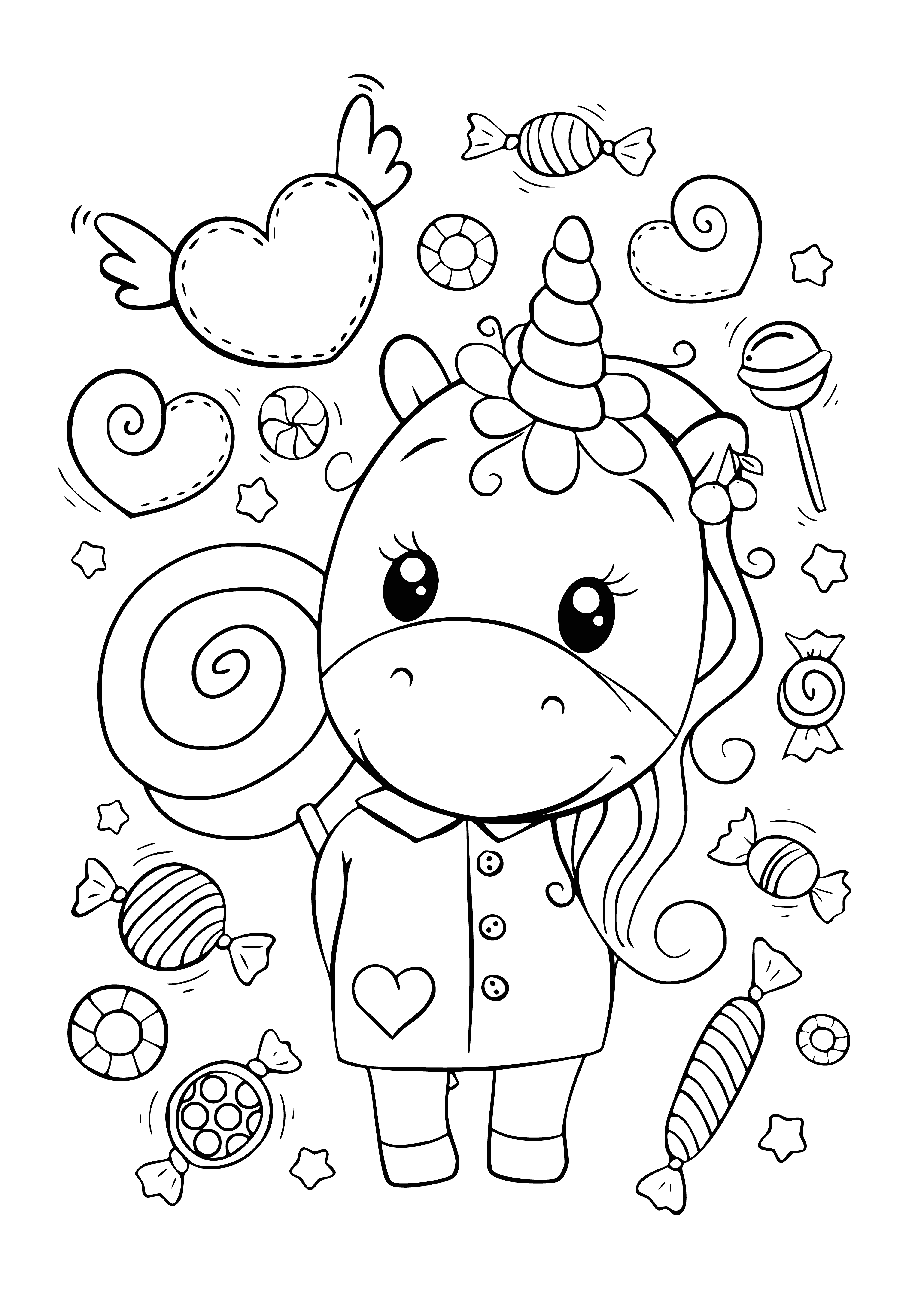 coloring page: A cute little unicorn with a magic horn flies in the sky with its pink and purple mane and tail.