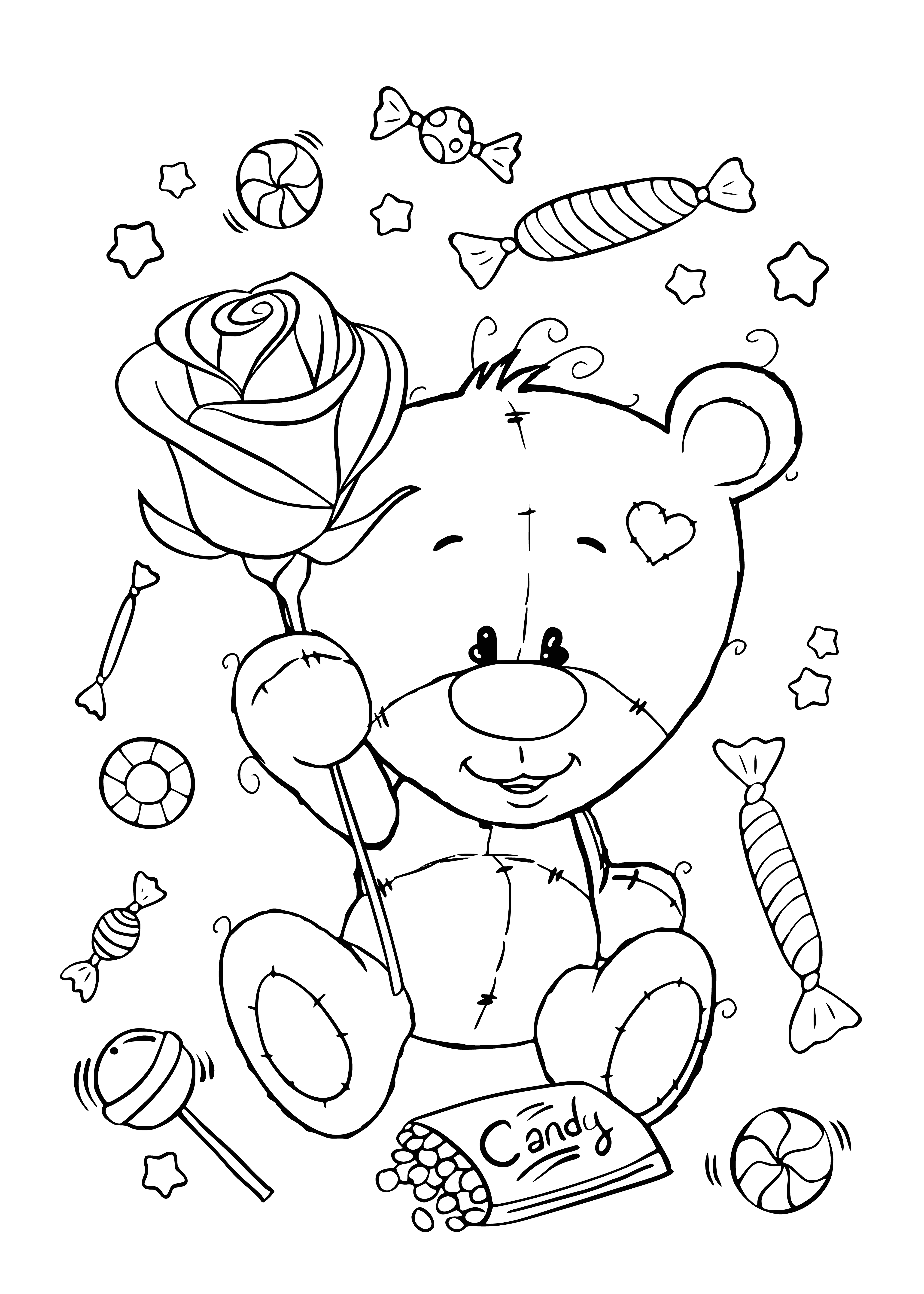 coloring page: A Kawaii Teddy bear holds a rose, with big eyes, a bowtie and a red heart on its chest. #Kawaii #ColoringPage