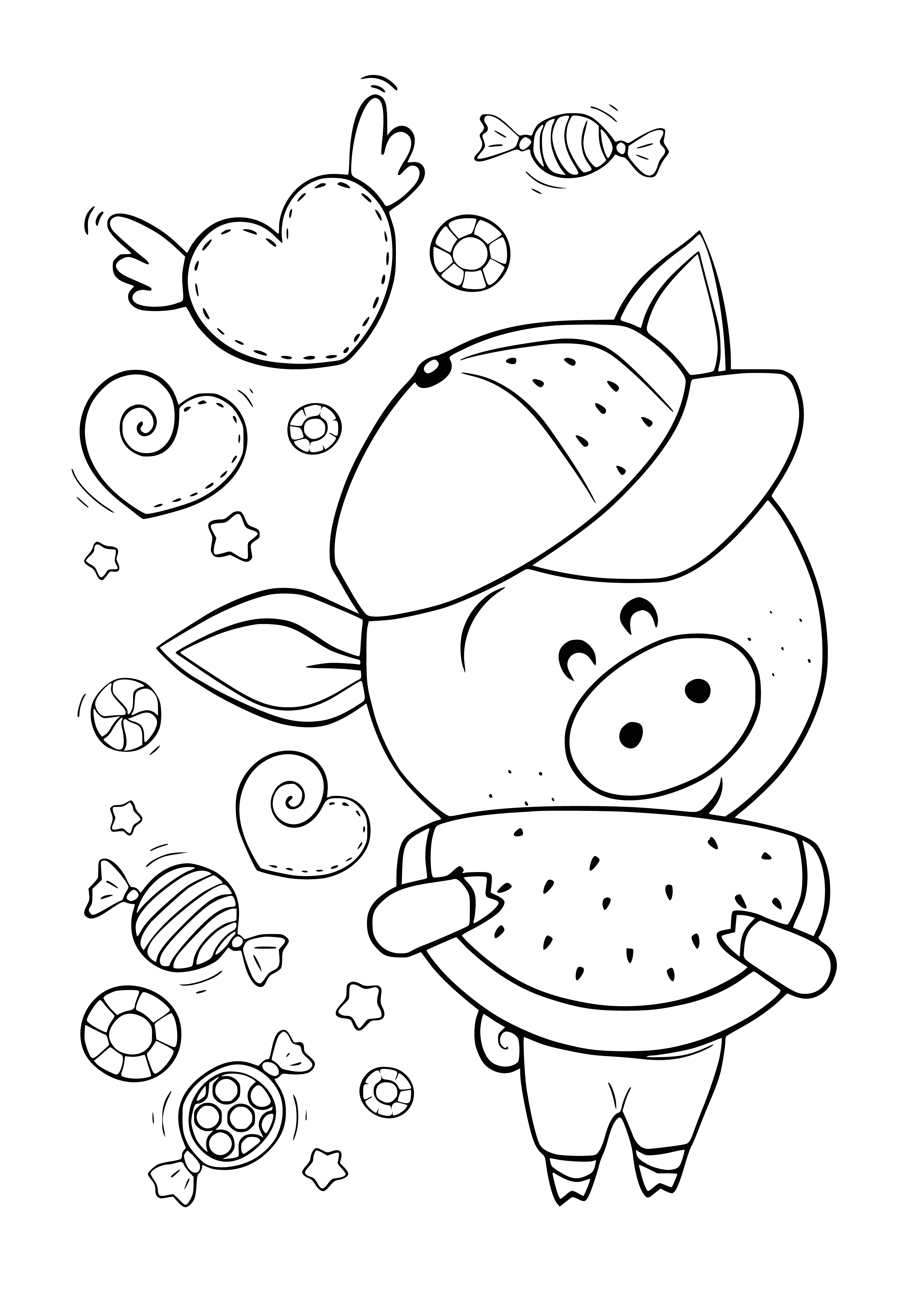 coloring page: Cheerful pig surrounded by flowers and hearts is the perfect kawaii coloring page! #coloring #kawaii