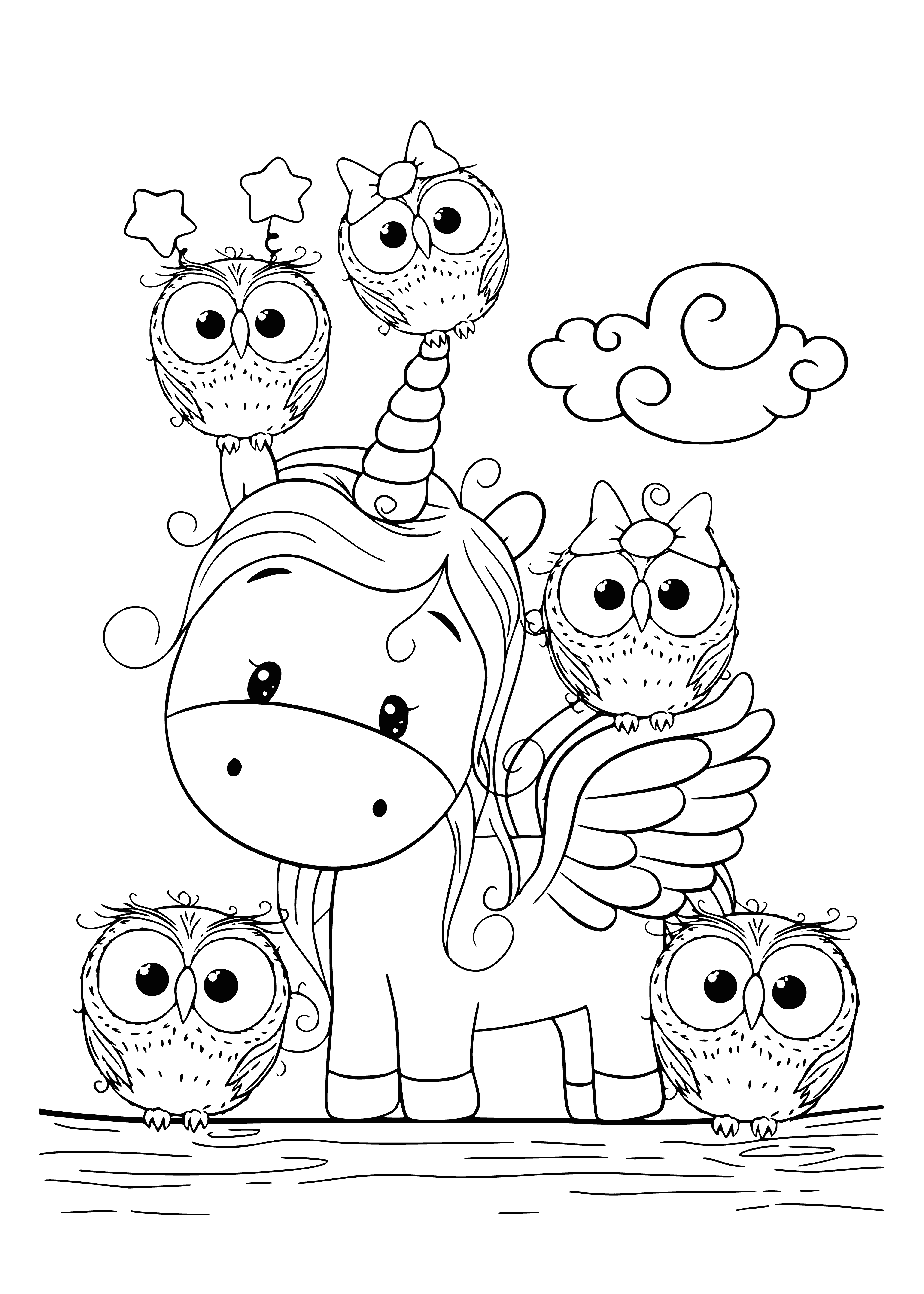 coloring page: Four colorful owlets surround a rainbow-maned unicorn standing on a cloud with twinkling stars.