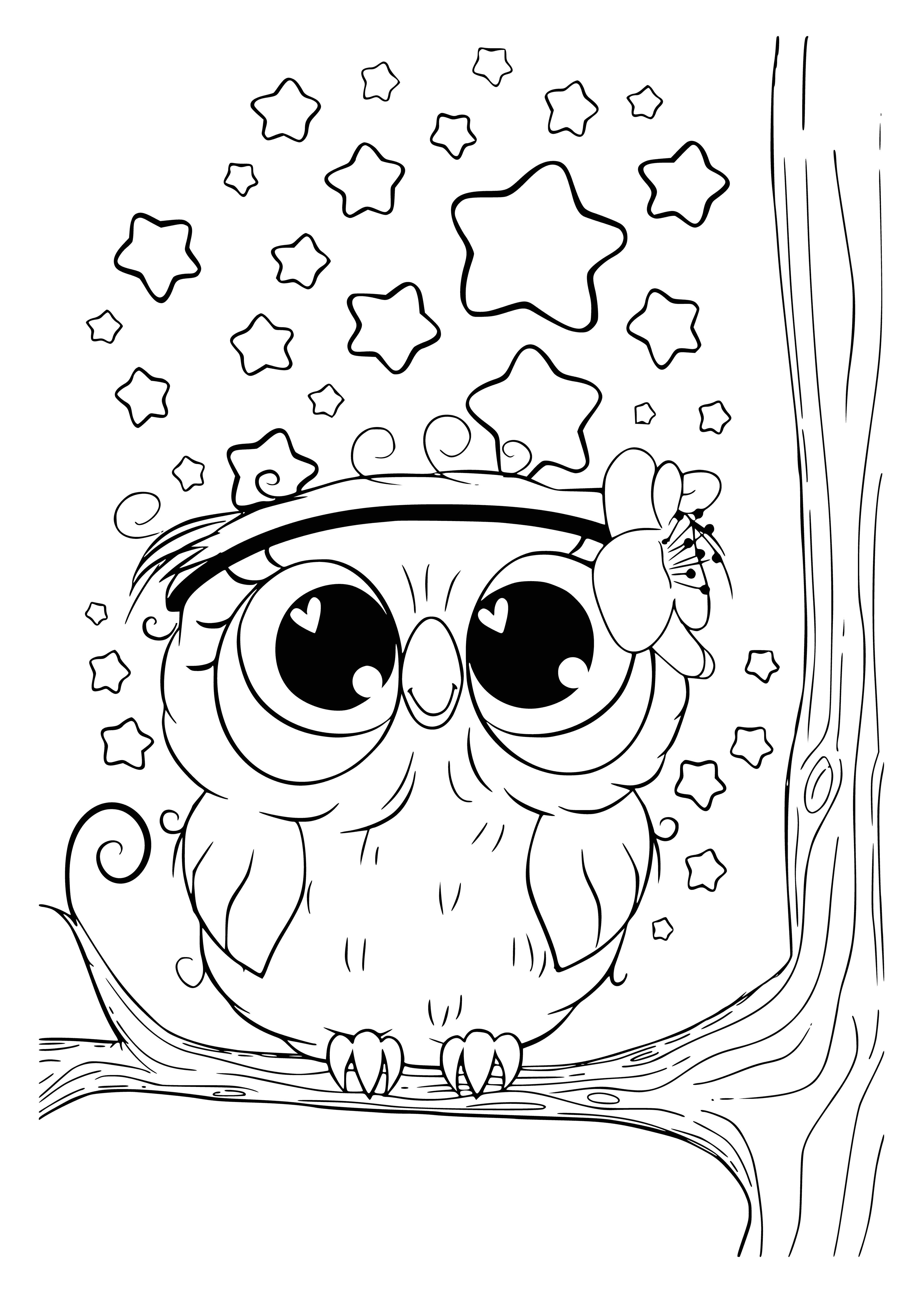 coloring page: A curious owlet sits on a branch, sporting soft browns and a creamy belly, big dark eyes, and a small brown beak.