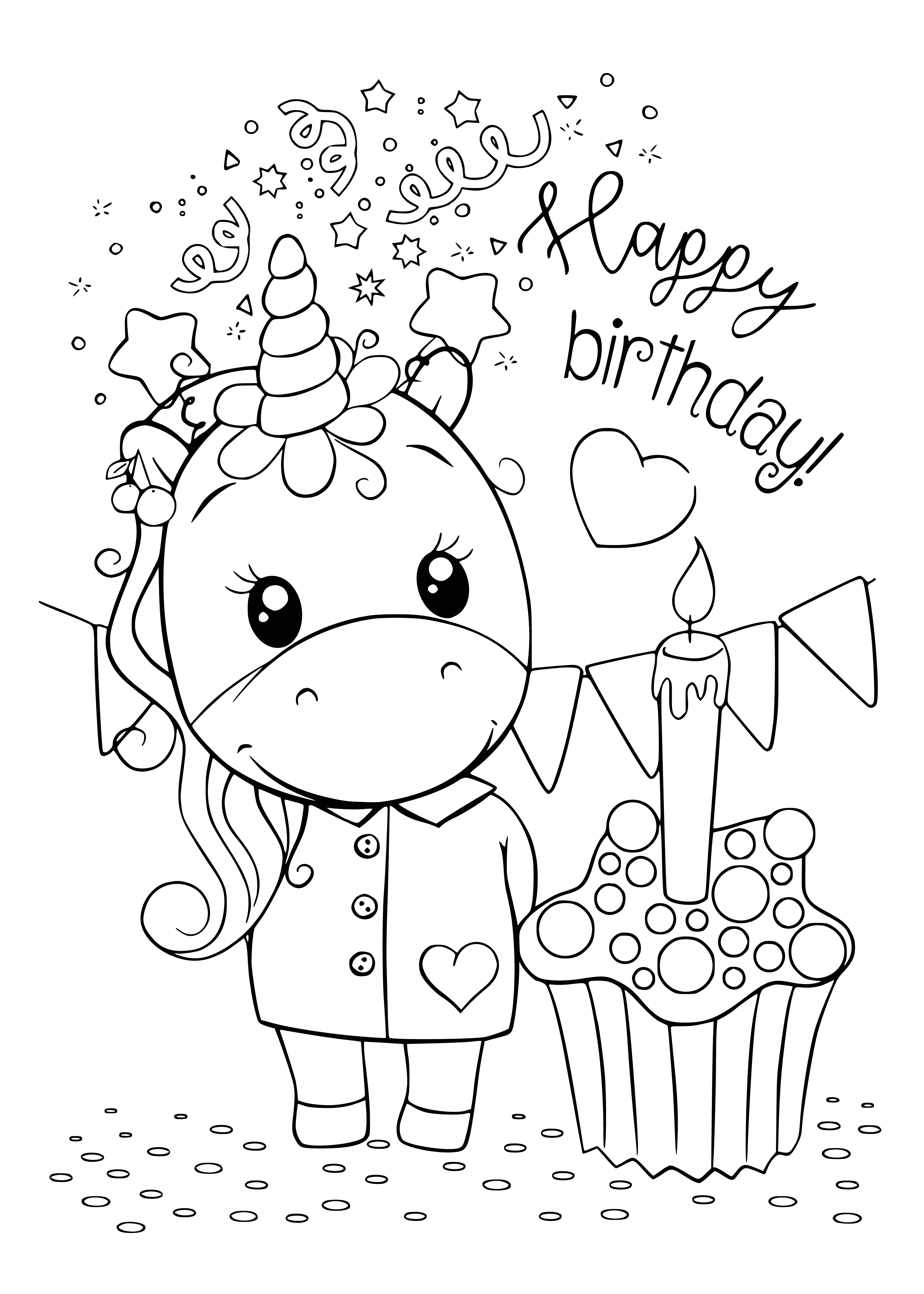 coloring page: Six Kawaii Characters celebrate a birthday with a cake, presents & balloons on this cheerful coloring page - perfect for birthday celebrations!