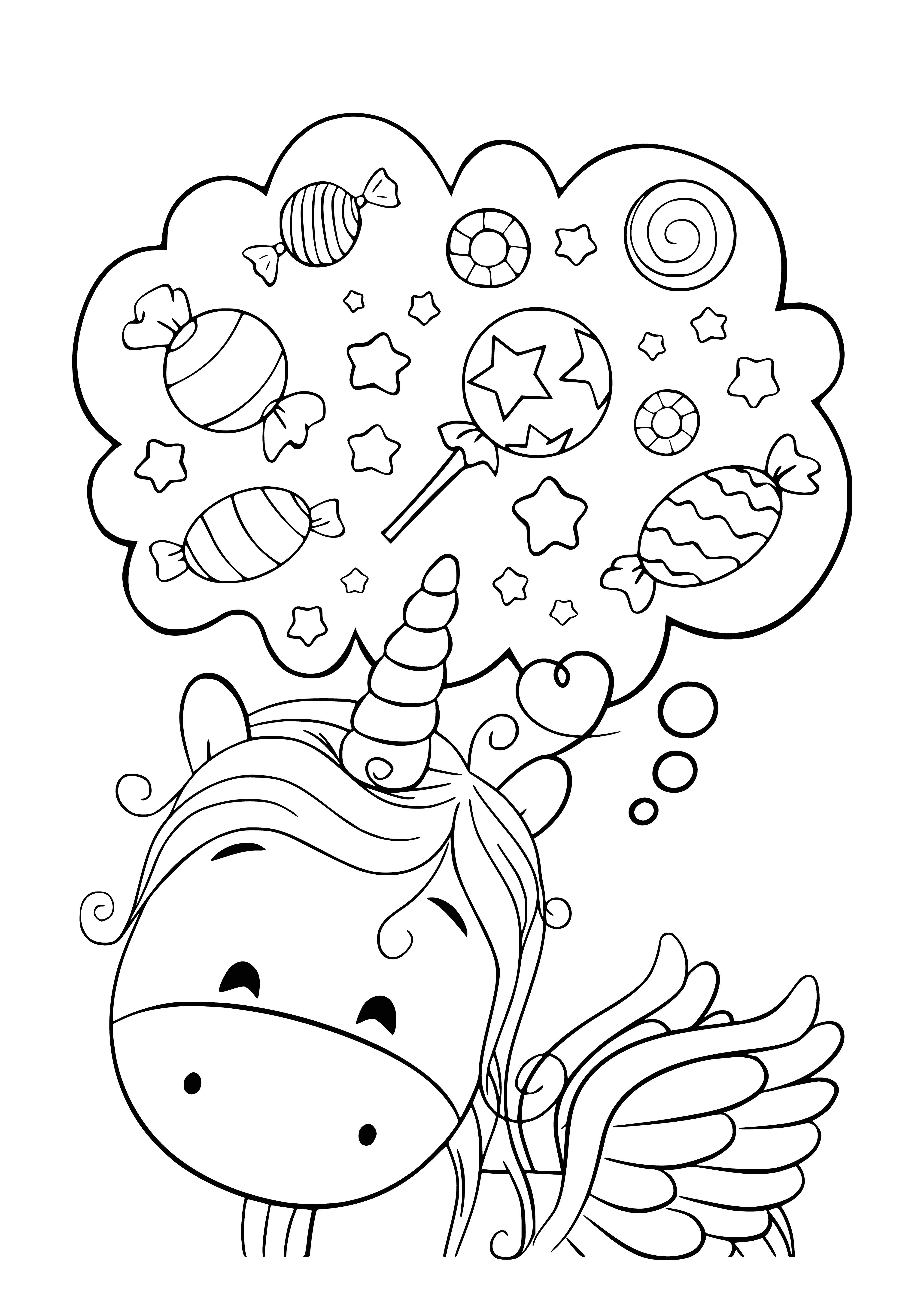 coloring page: Girl dreaming on cloud, wearing flower crown and surrounded by stars & hearts. #Kawaii #CuteColoringPages #Dreams
