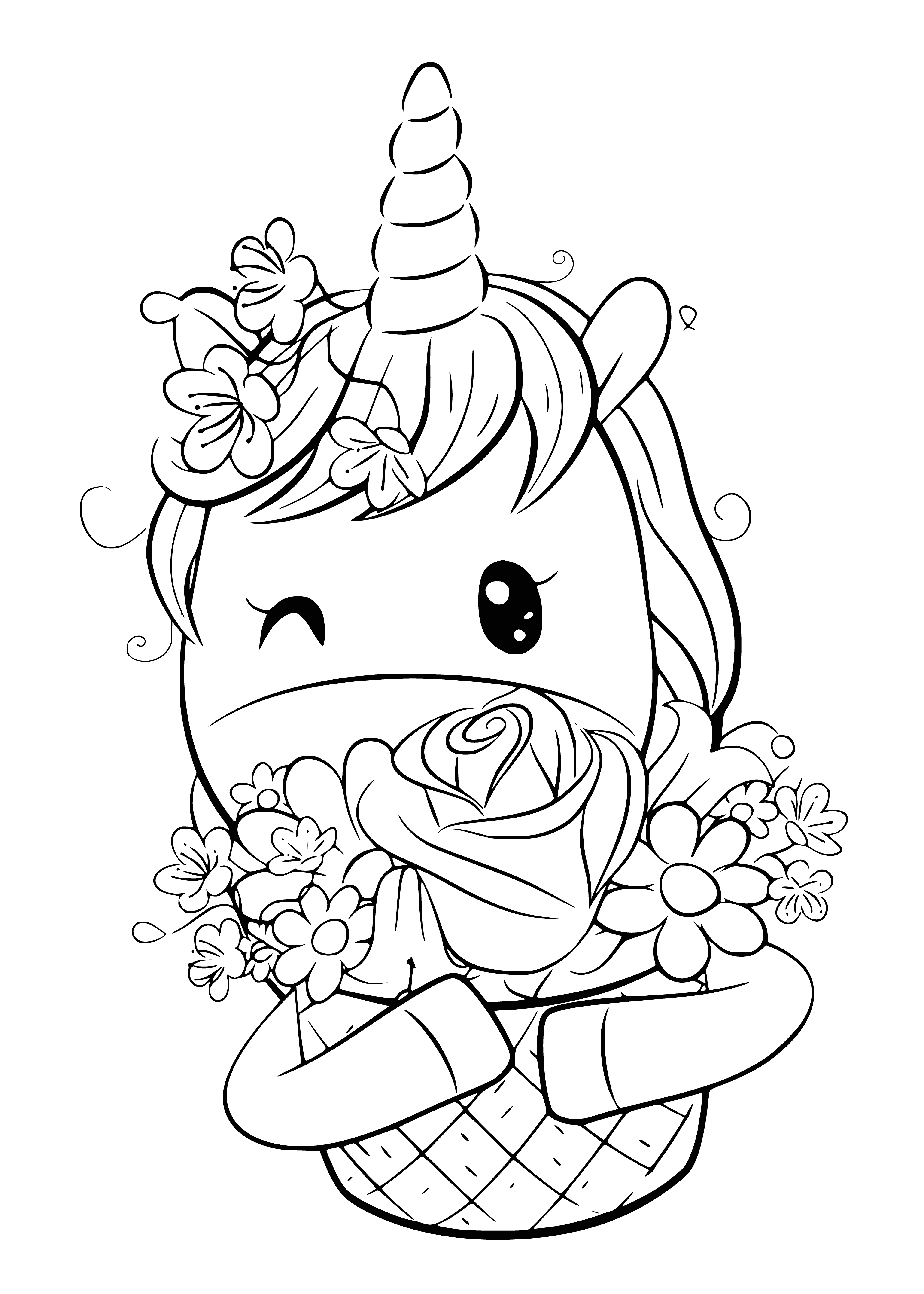 coloring page: Unicorn w/flowers in hair standing on hill w/ rainbow in bg.