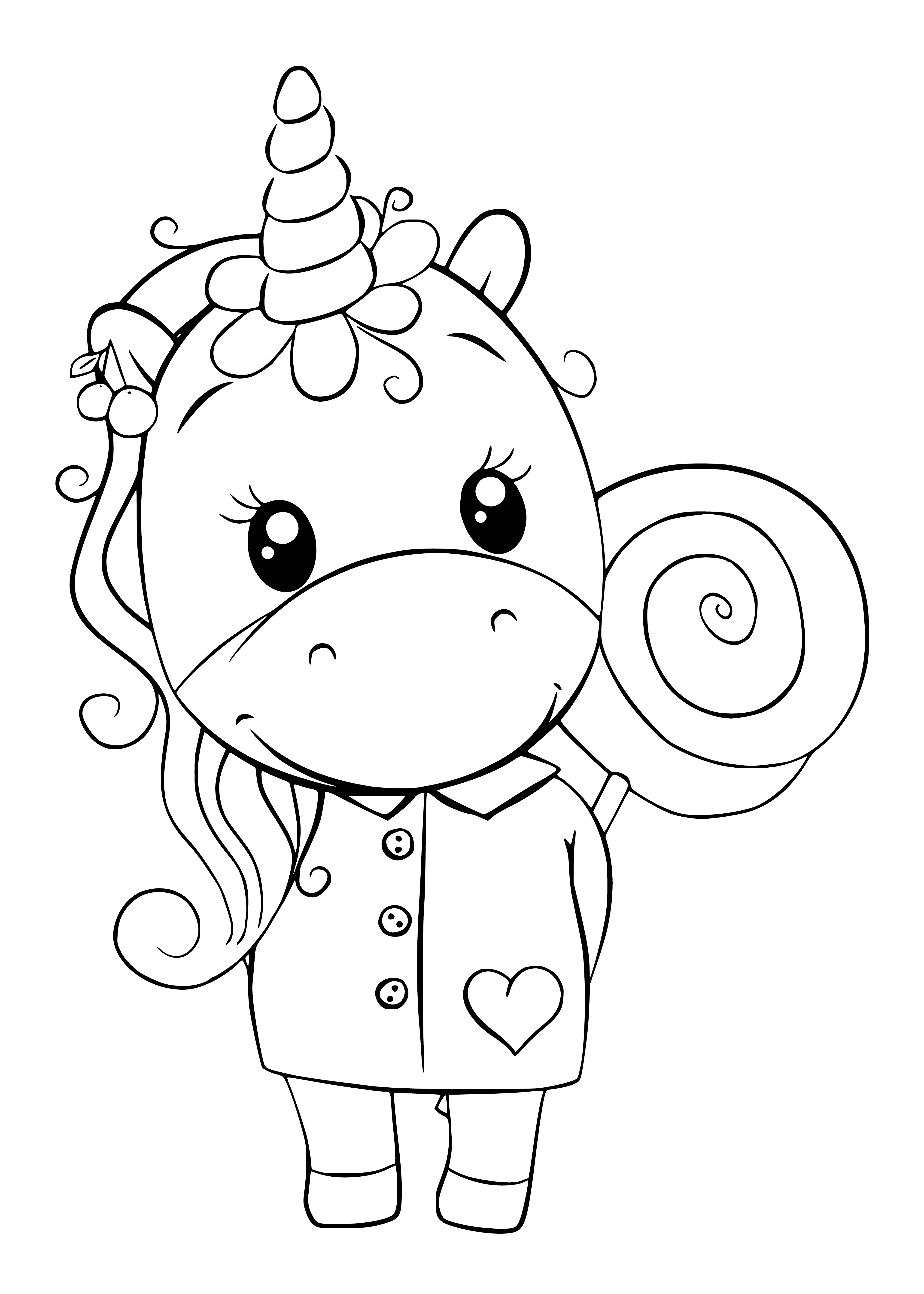 coloring page: A cute white unicorn, pink mane/tail, gold horn & blue eyes stands on a green hill with flowers. #coloringpage #unicorn