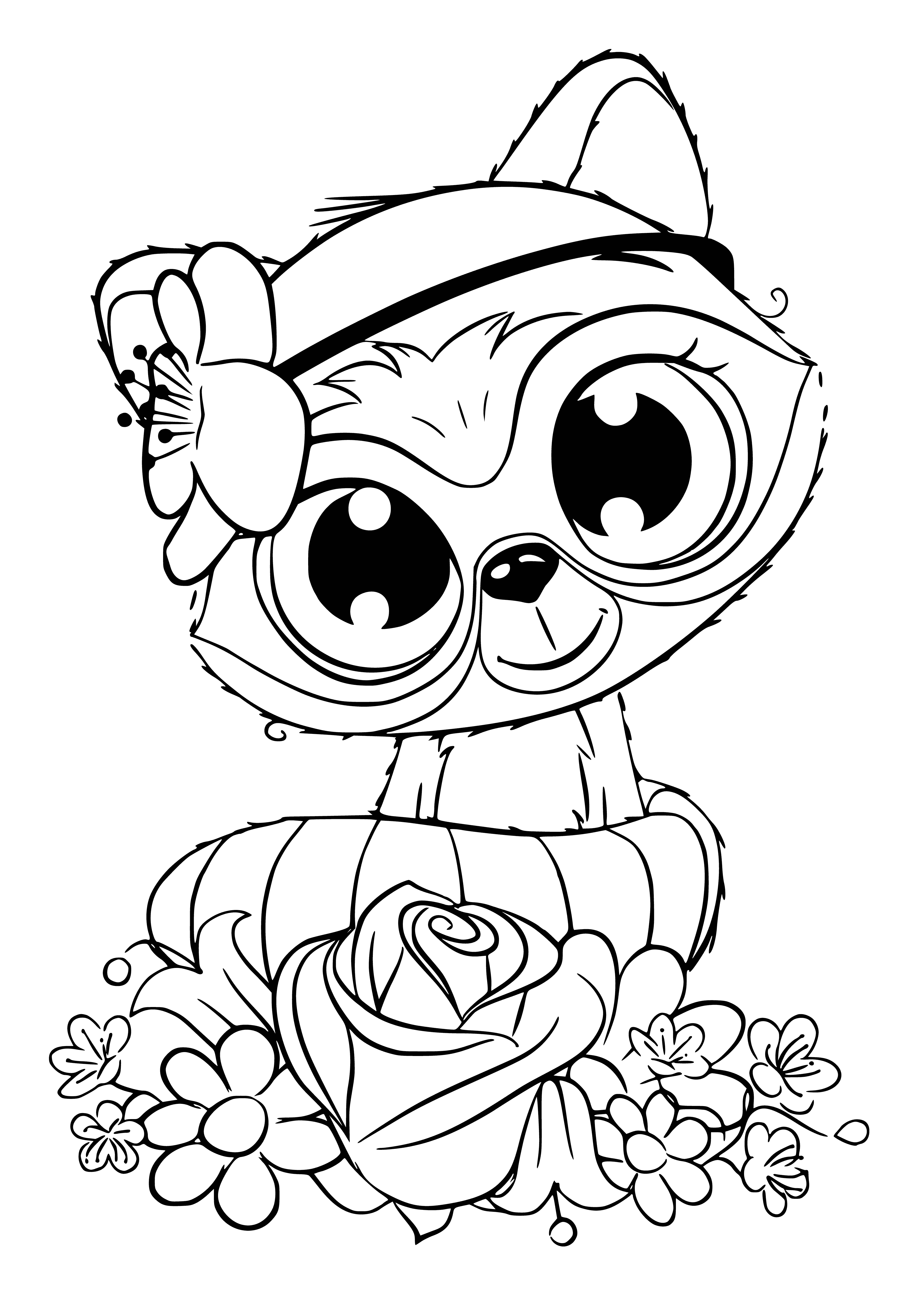 coloring page: A cute, gray raccoon with black stripes, black eyes & mask, small nose & big, bushy tail stands on hind legs with paws raised. #coloring