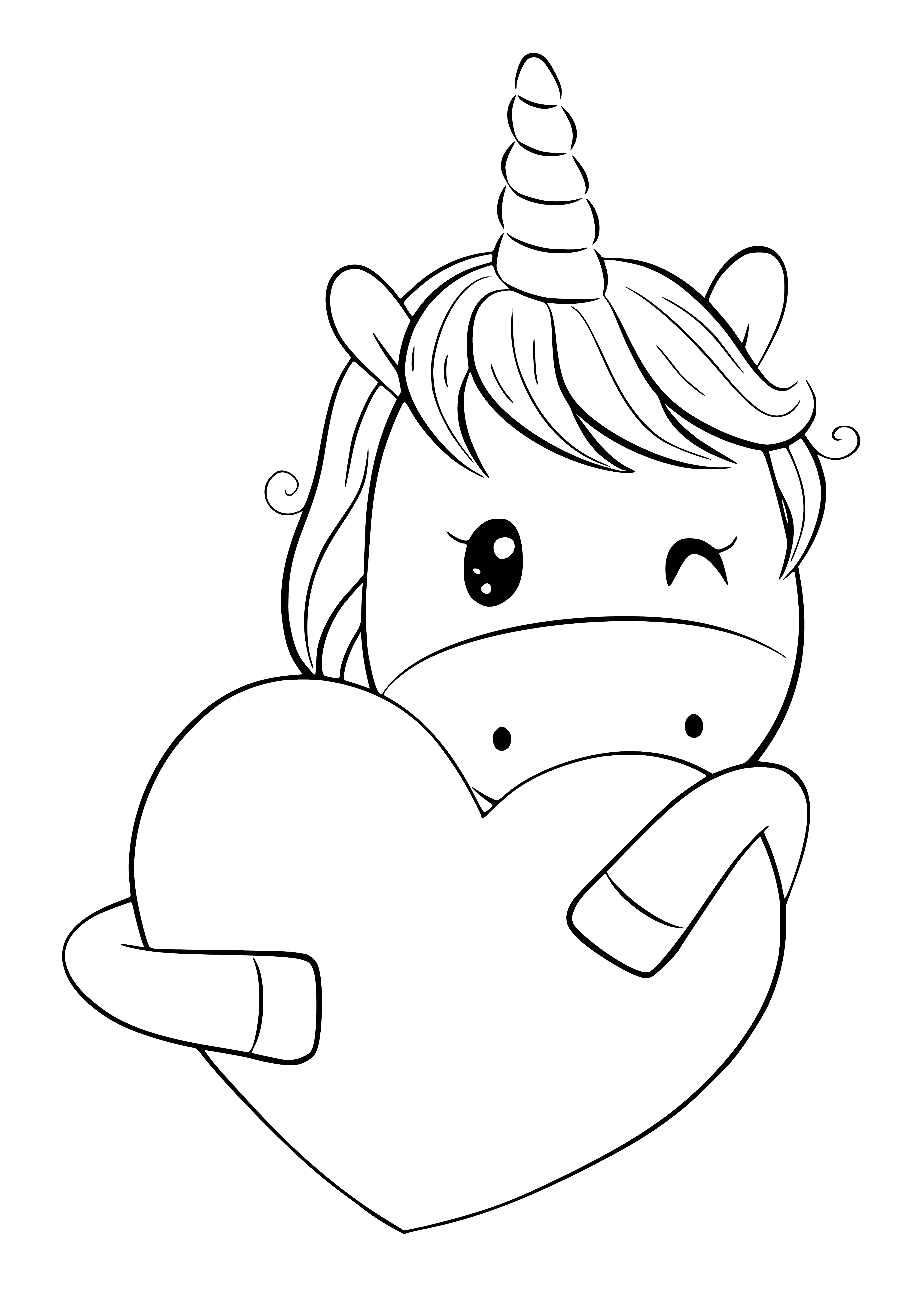 coloring page: A pastel unicorn with rainbow mane/tail, heart-shaped Cutie Mark, standing on a cloud.
