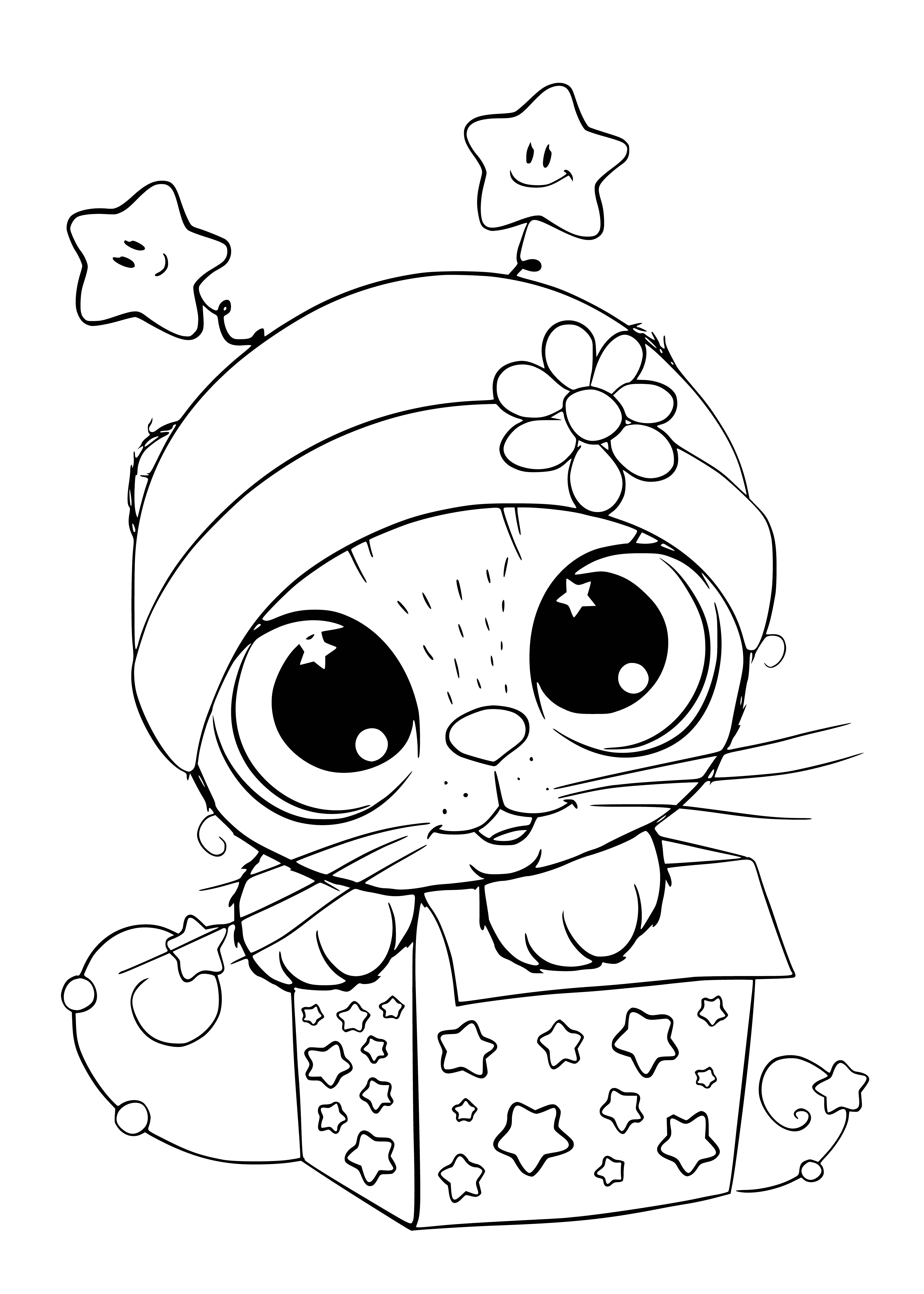 coloring page: Small, light-colored cat in a cardboard box, poking head through the hole. Bright eyes, cute nose, whiskers, and a playful smile! Ears perky and alert.