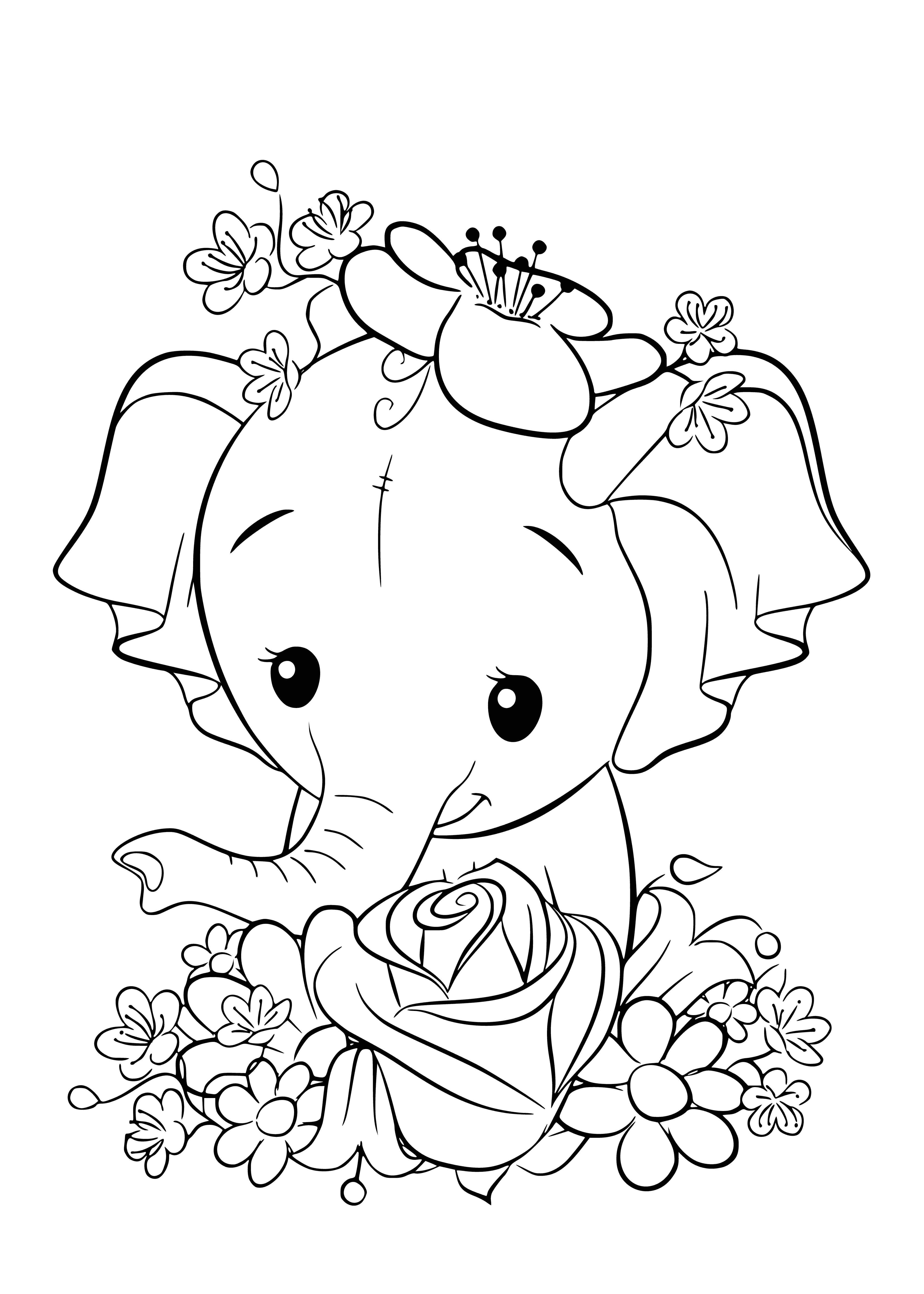 coloring page: Baby elephant coloring page has cute gray elephant standing on green hill surrounded by flowers. #coloring #elephant