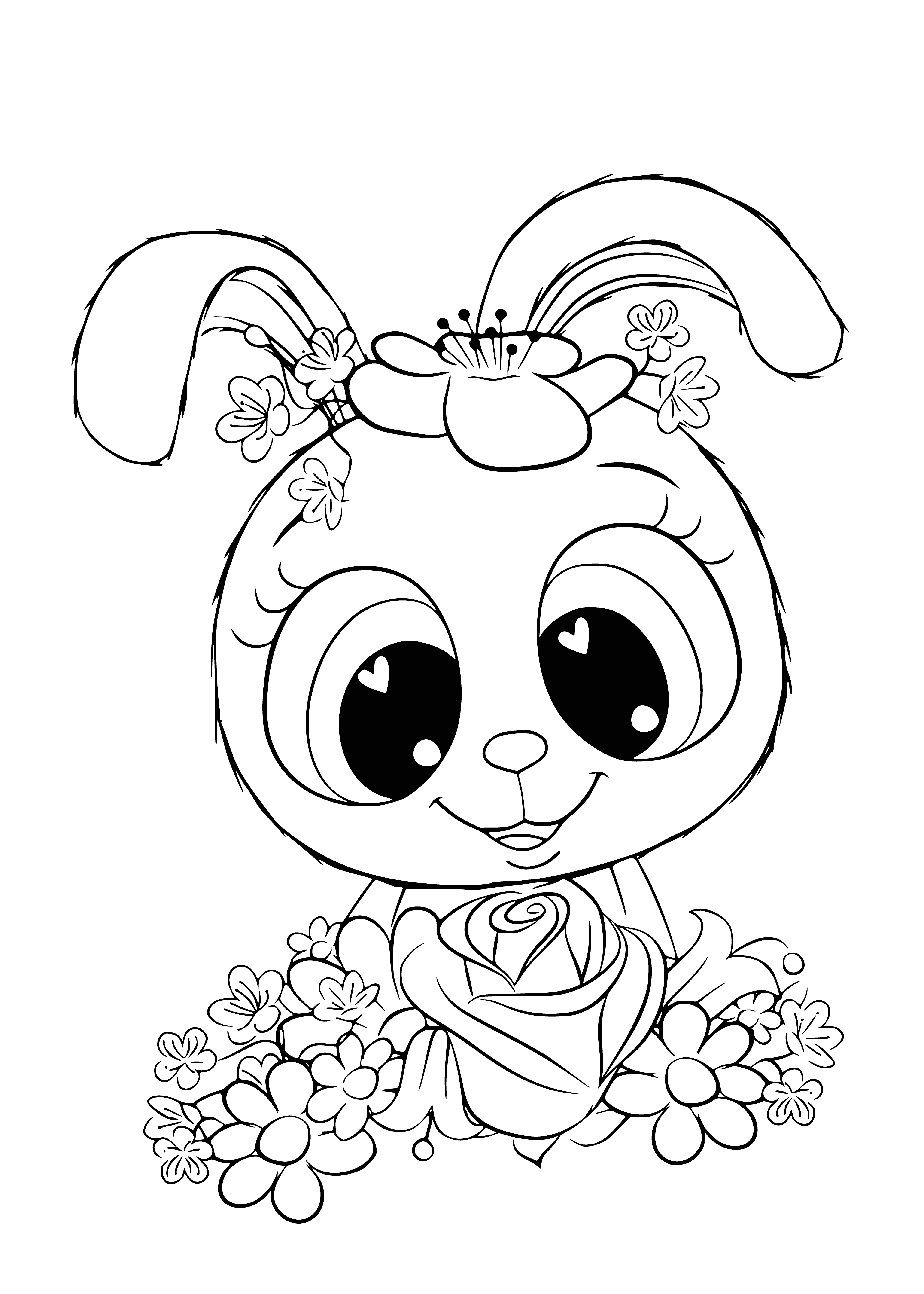 coloring page: A fluffy bunny with big ears, a bowtie, stars & hearts. Smiling & standing on two legs.