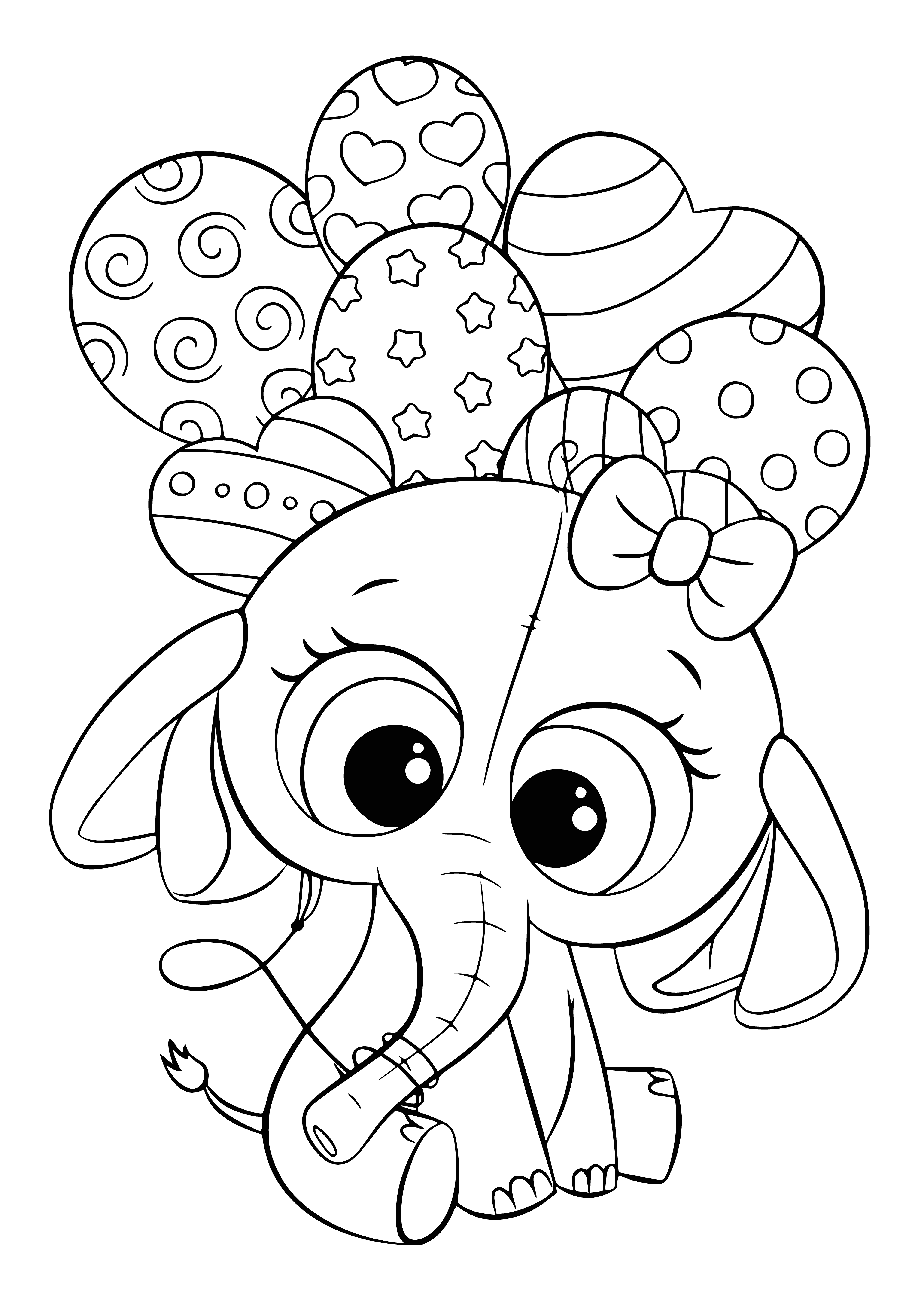 coloring page: Baby elephant stands on grass, holding two balls with light blue sky above.