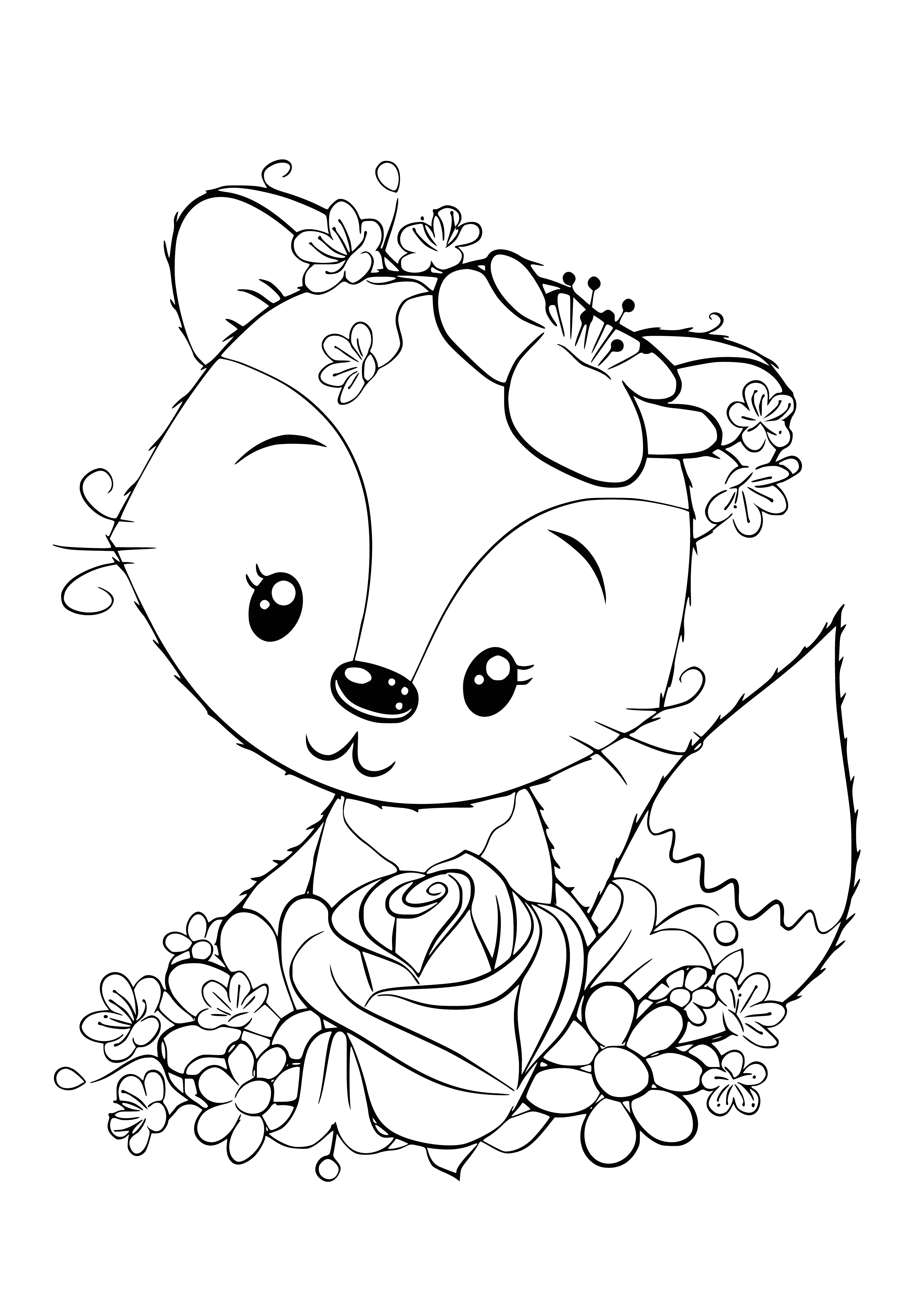 coloring page: Cute fox with big ears, black eyes, and black tail is smiling in Kawaii cute coloring page. #coloringpages #kawaii