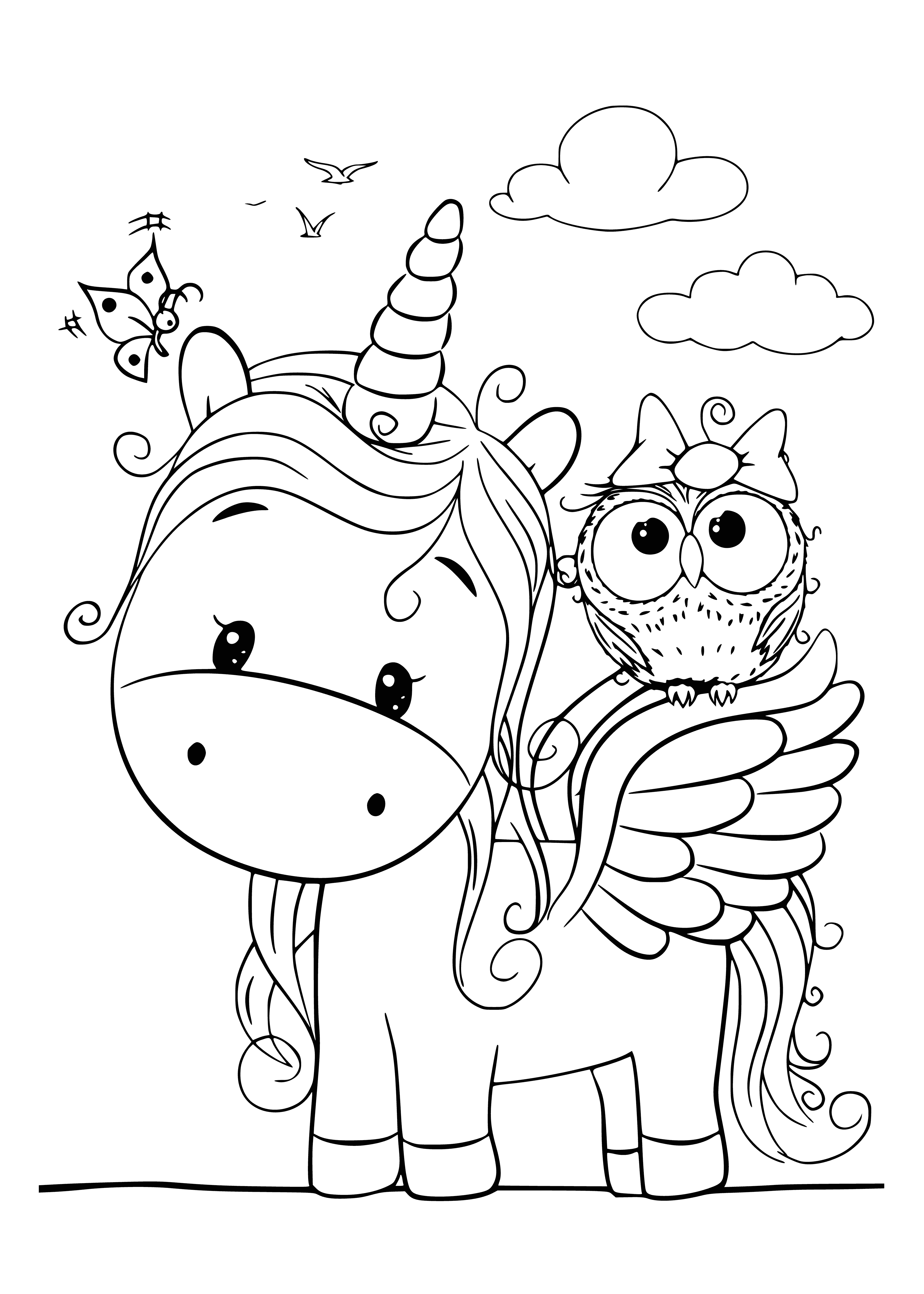coloring page: Two kawaii friends in a lovely background of flowers & trees. Girl in a pink dress & white headband, boy in a blue shirt & red pants.