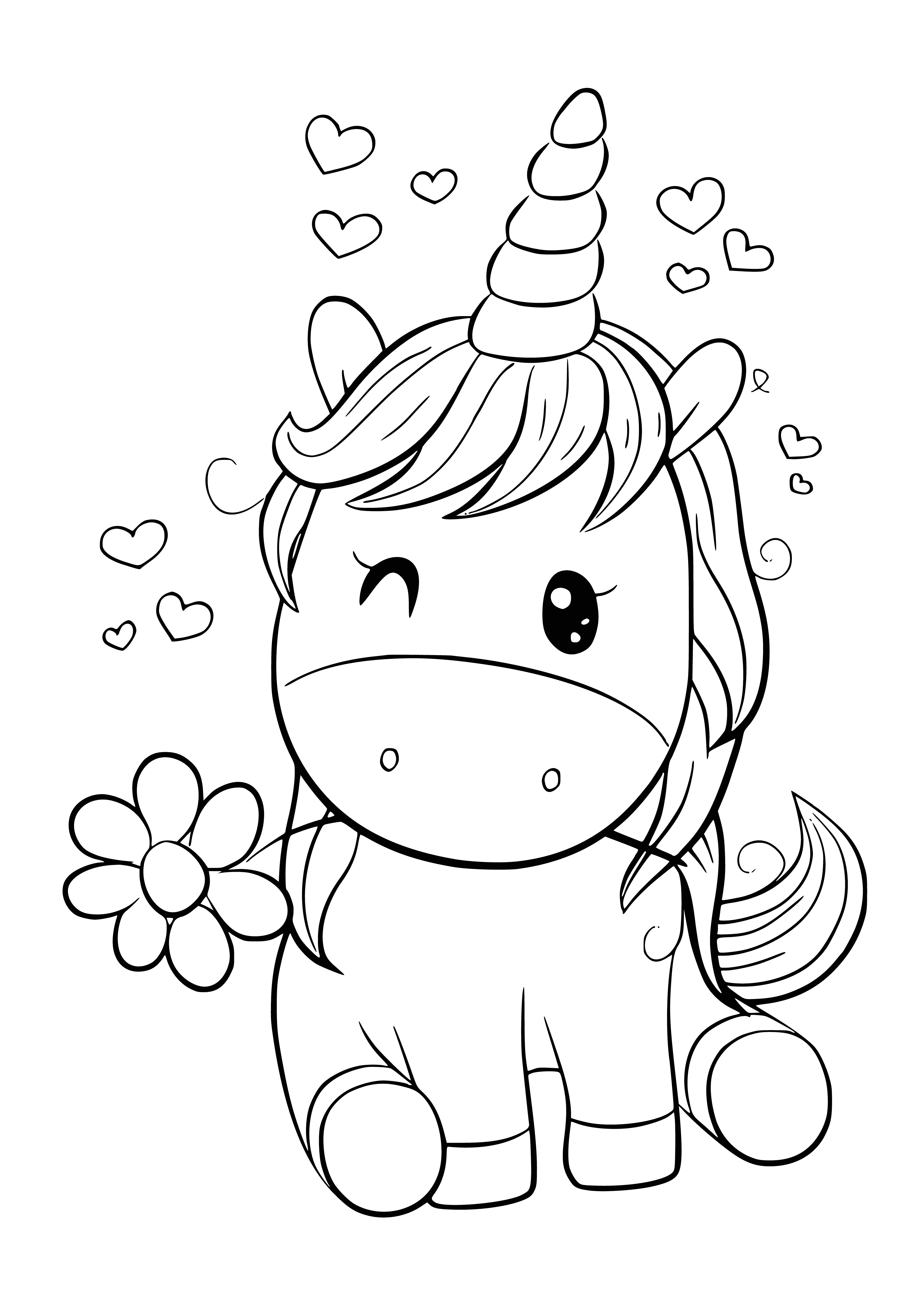 coloring page: Kawaii cute coloring page featuring a Unicorn with rainbow mane/tail, stars, hearts.