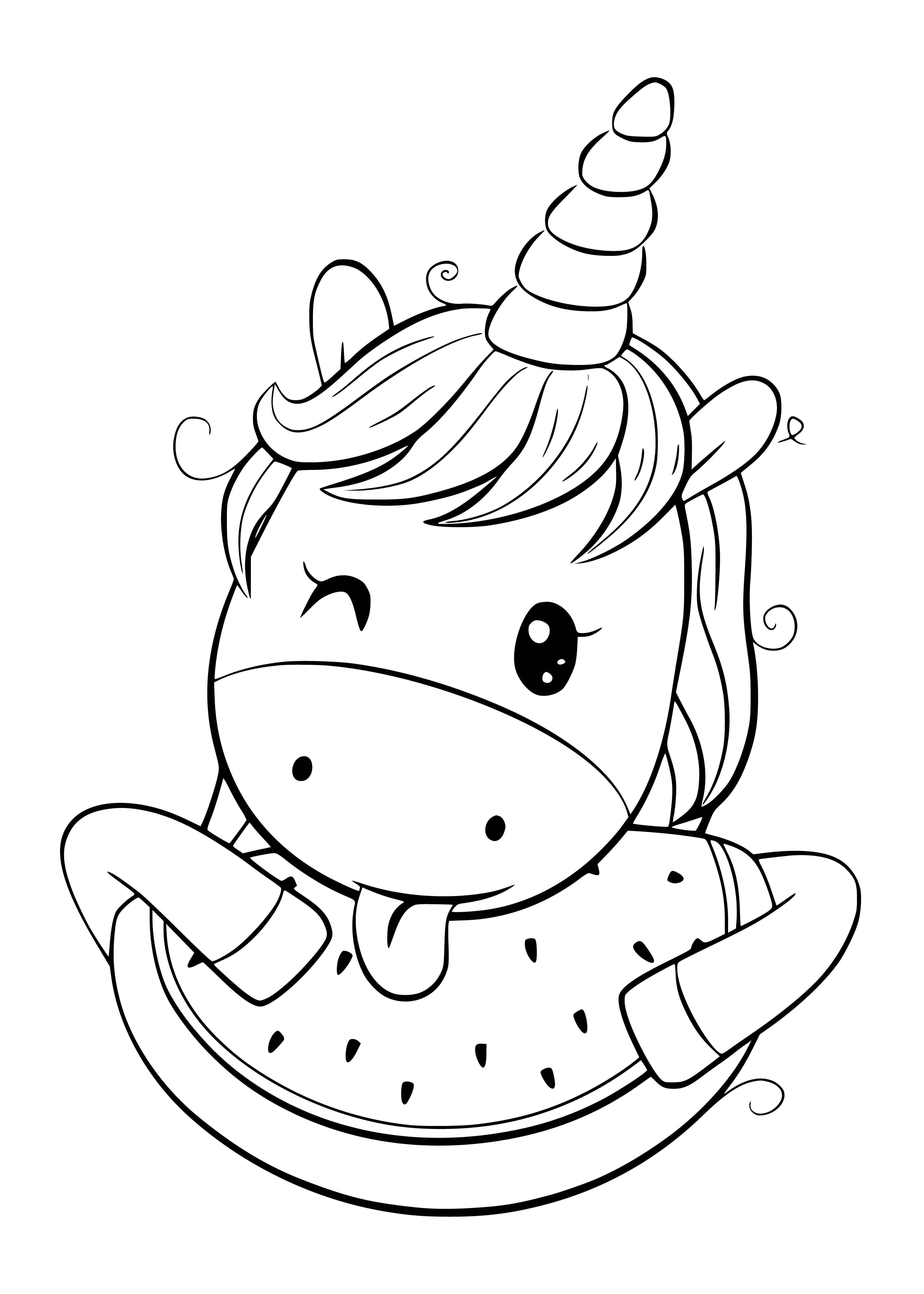 coloring page: Cute Unicorn surrounded by hearts & flowers! It has big, sparkly eyes & a sweet smile. Manes and tails are fluffy, and it has a watermelon slice! #Kawaii