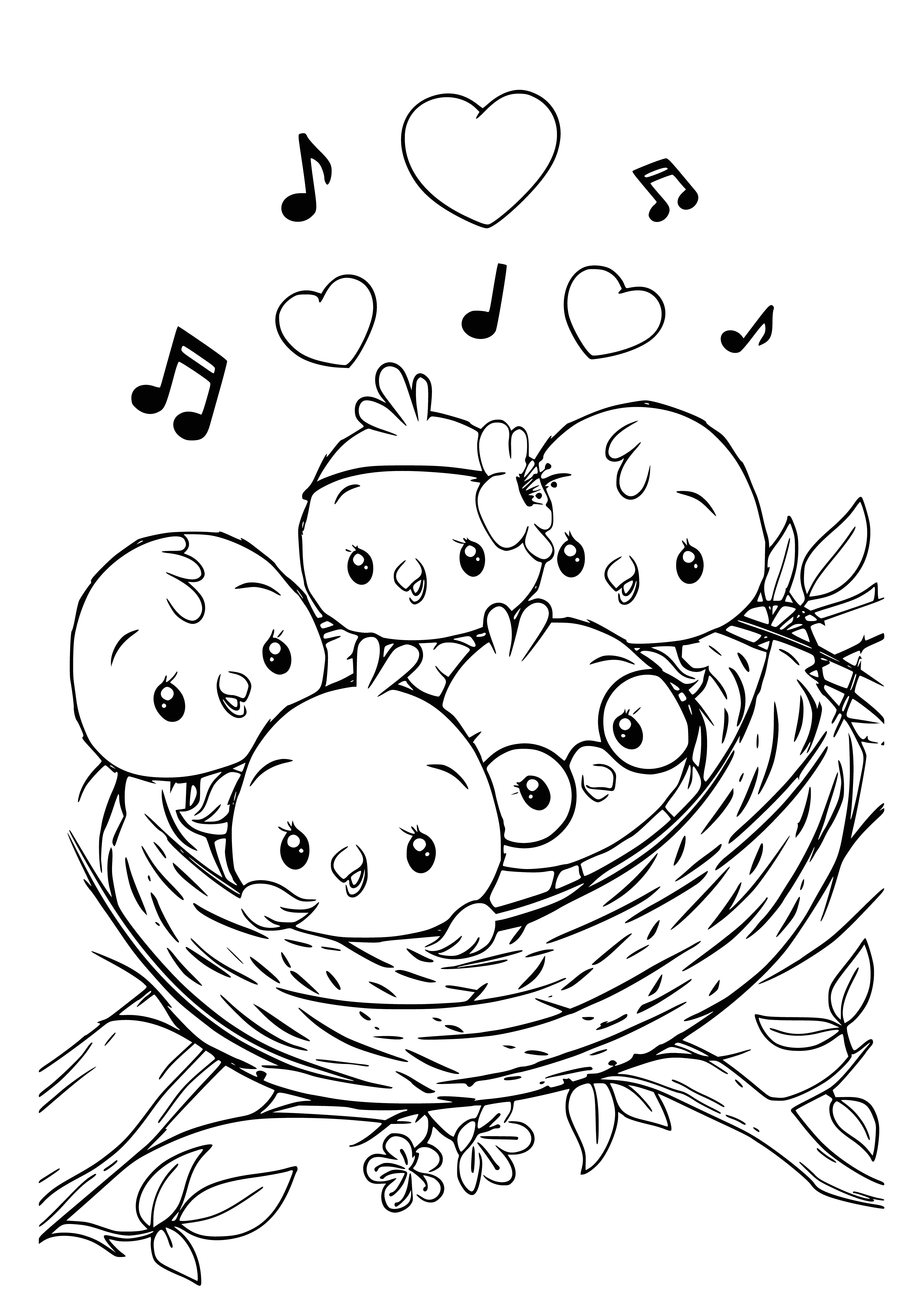 coloring page: Two yellow chicks in a nest: one peeking, one sleeping with orange beaks. Color them in! #coloringpage