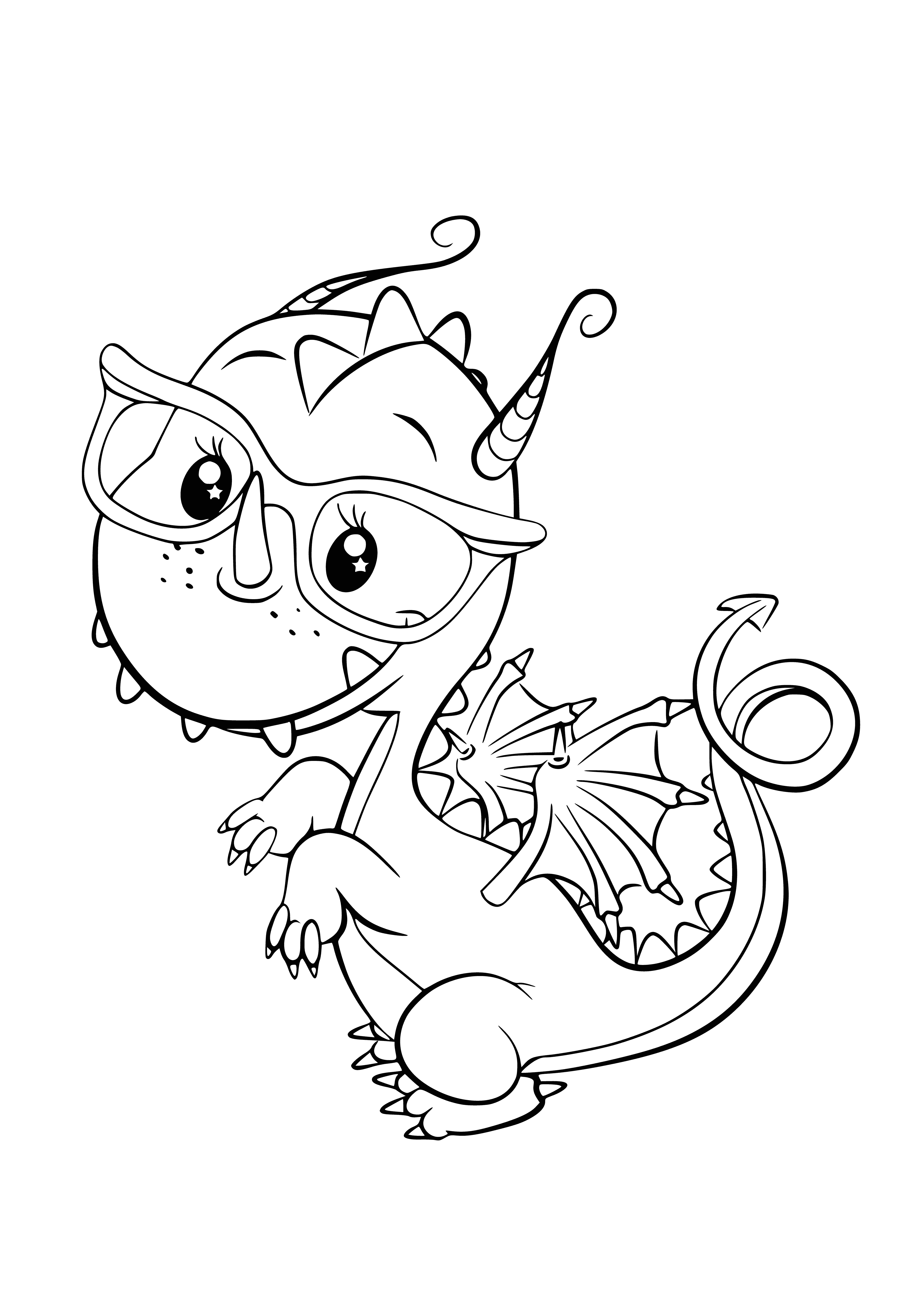 coloring page: A snorting green dragon holds a pink heart, w/orange wings, red spots, blue tongue & big, black eyes. #dragon