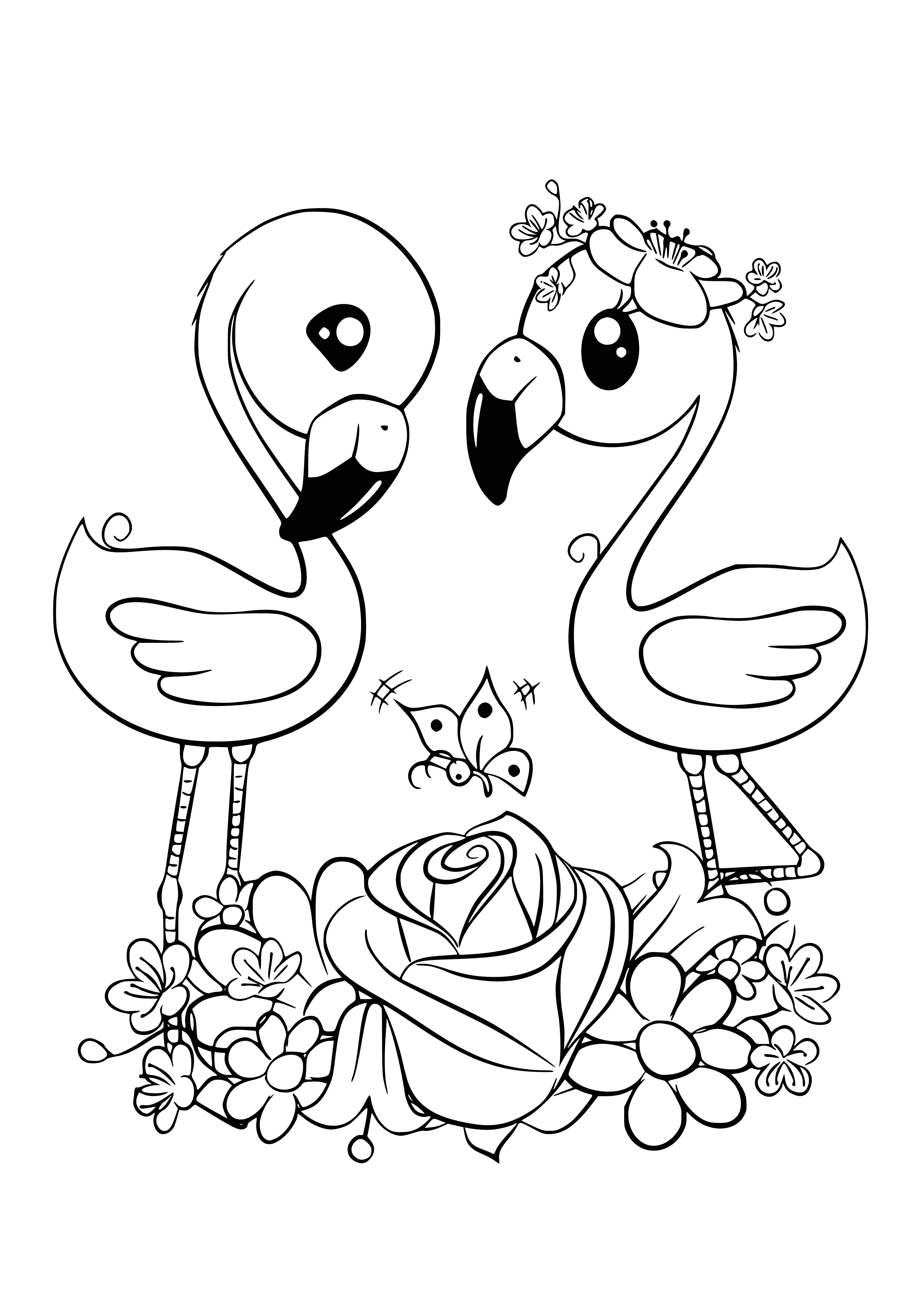 coloring page: Cute coloring page w/ flamingo in center + small hearts; background is light pink. #Coloring #Flamingo #Hearts
