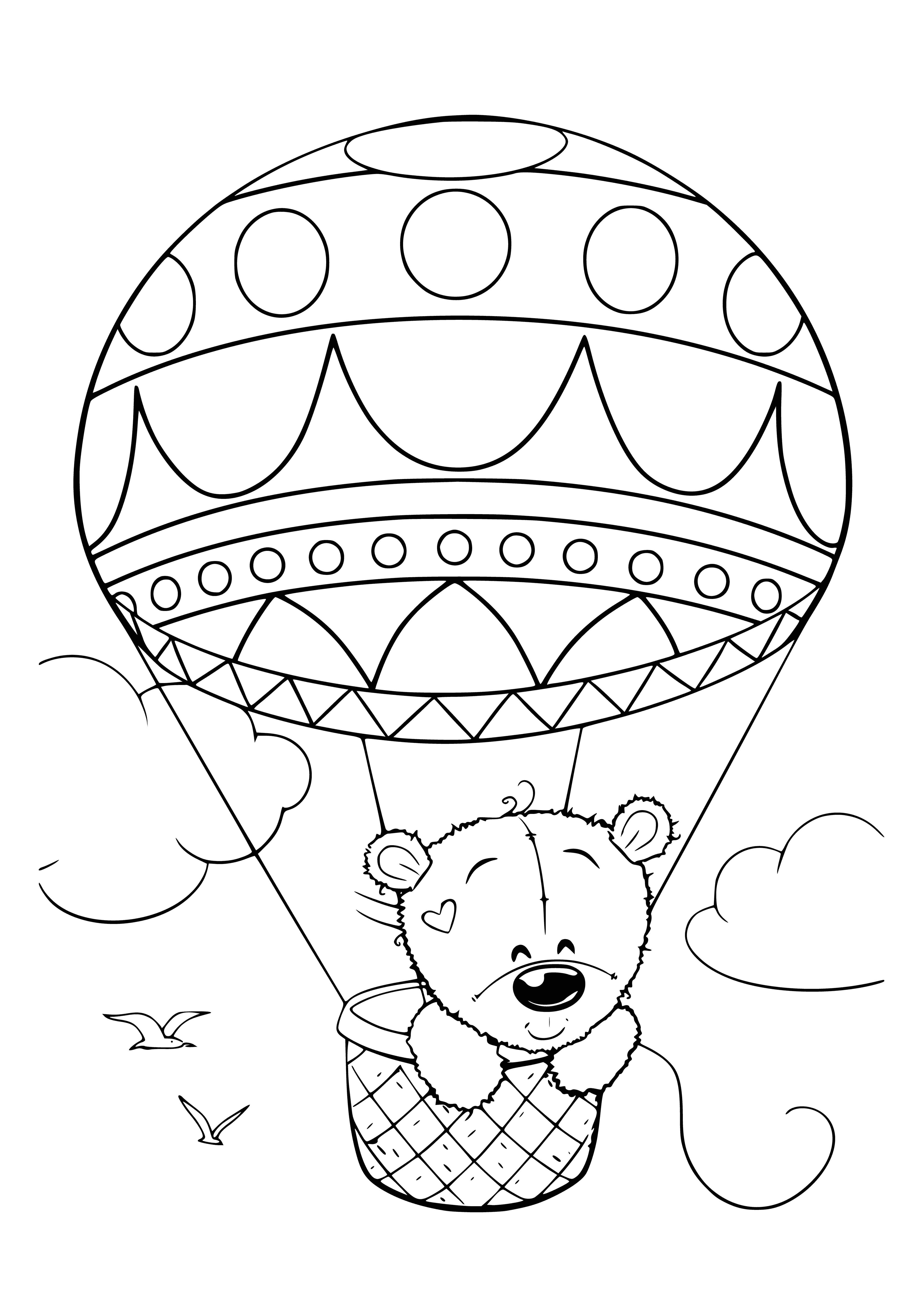 coloring page: Adorable coloring page of balloon bear on hill with smiley face & blue sky with white clouds - sure to make any smile! #coloringsheet