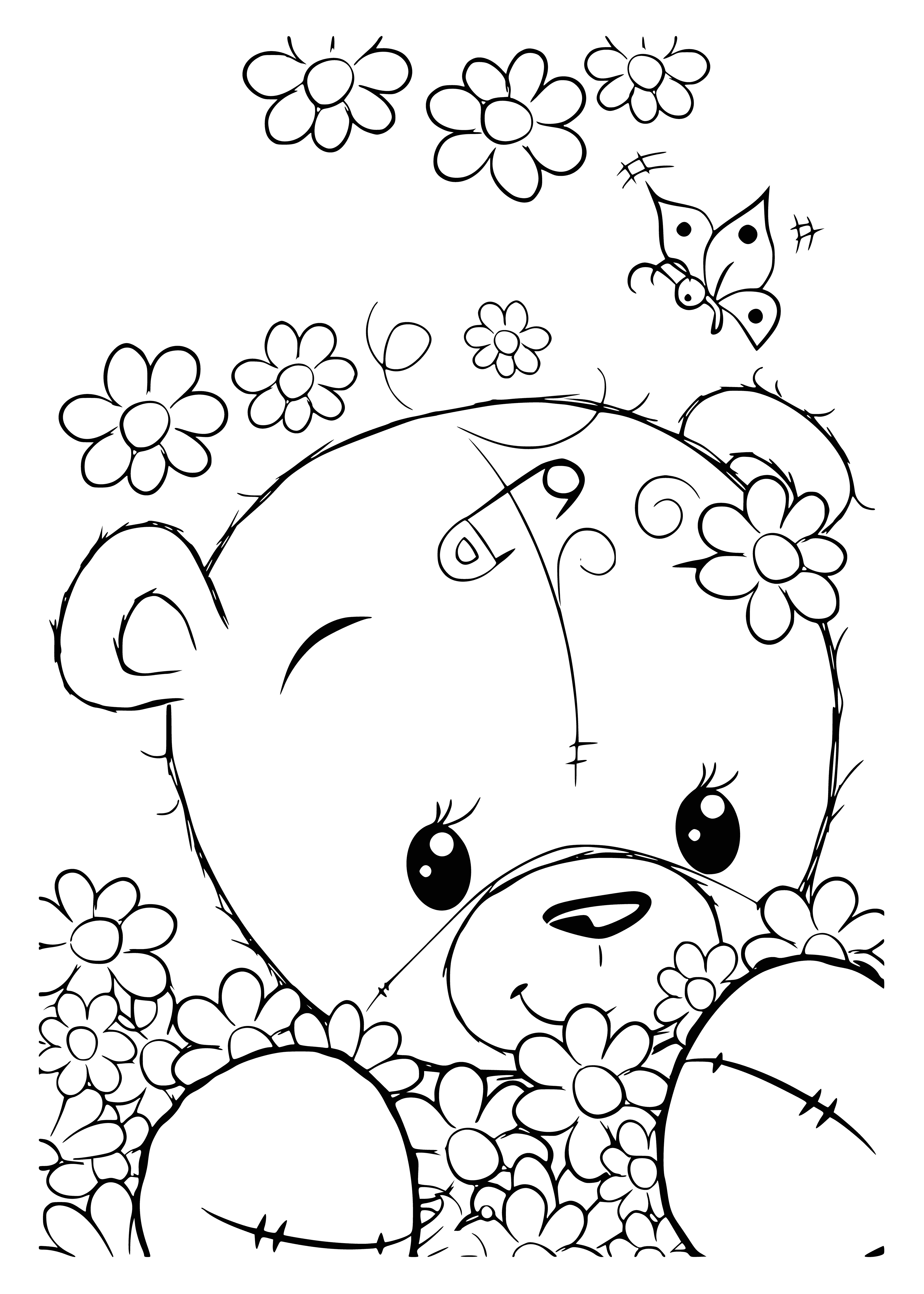 coloring page: Teddy bear holds daisies, surrounded by happy, rosy-cheeked, big-eyed small bears. They look content.