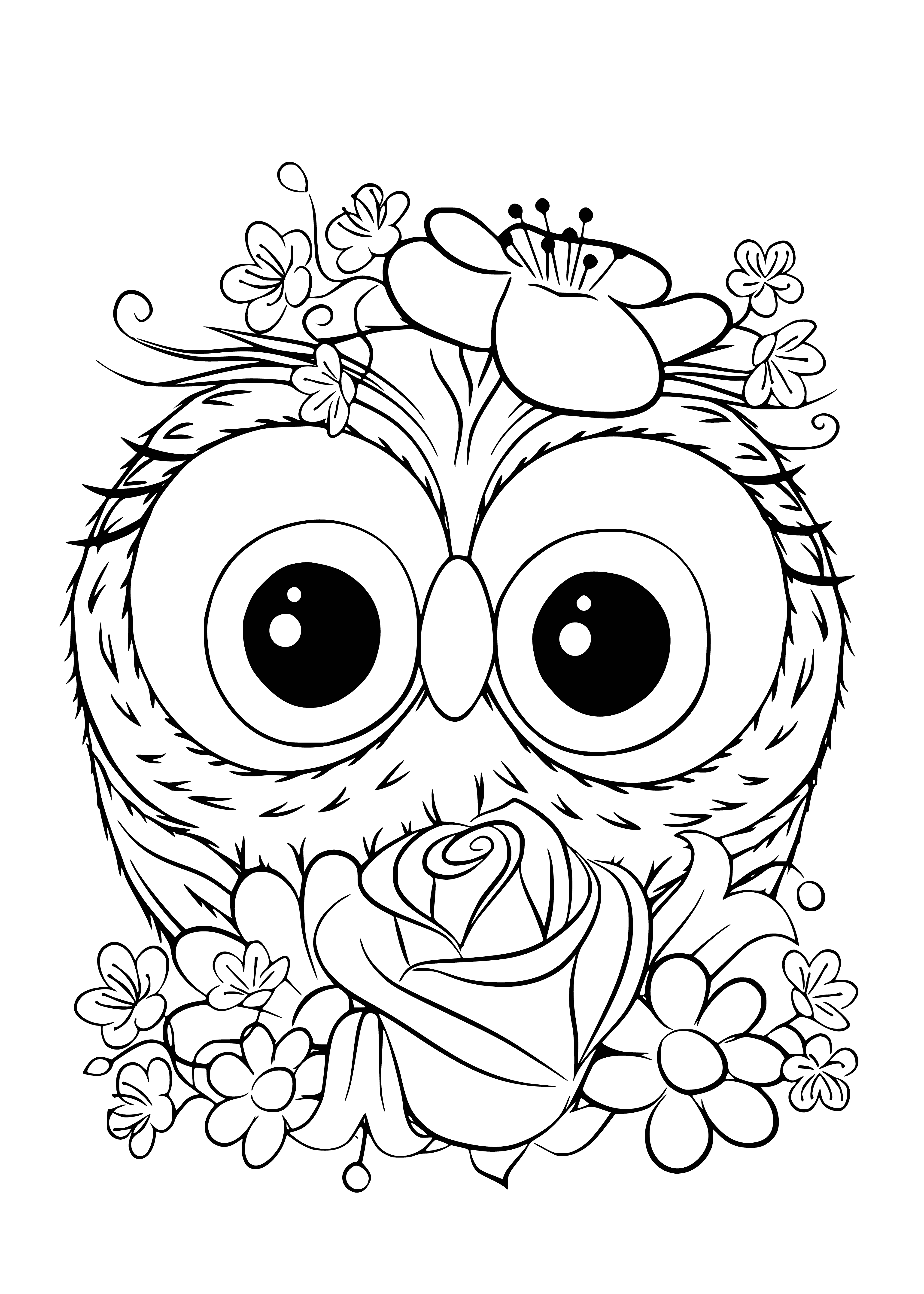 coloring page: A big-eyed, bow-wearing owl gliding through a starry night.