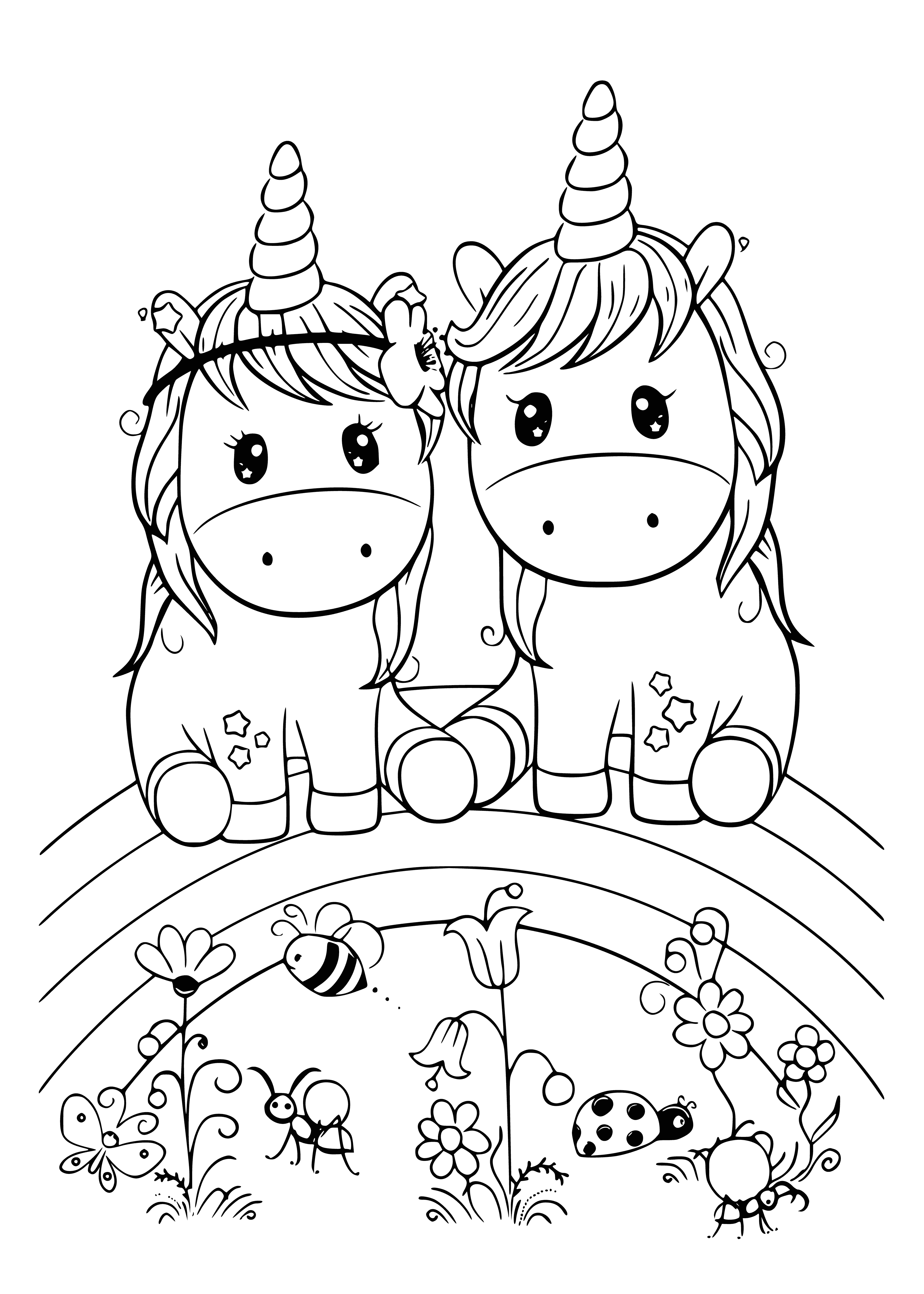coloring page: Unicorns frolic on a colorful rainbow in a scene of peaceful fun and innocence. Unique creatures with glimmering manes and tails stand, play, and leap. A glittering sun sets behind a mountain range of blues, greens, and purples.