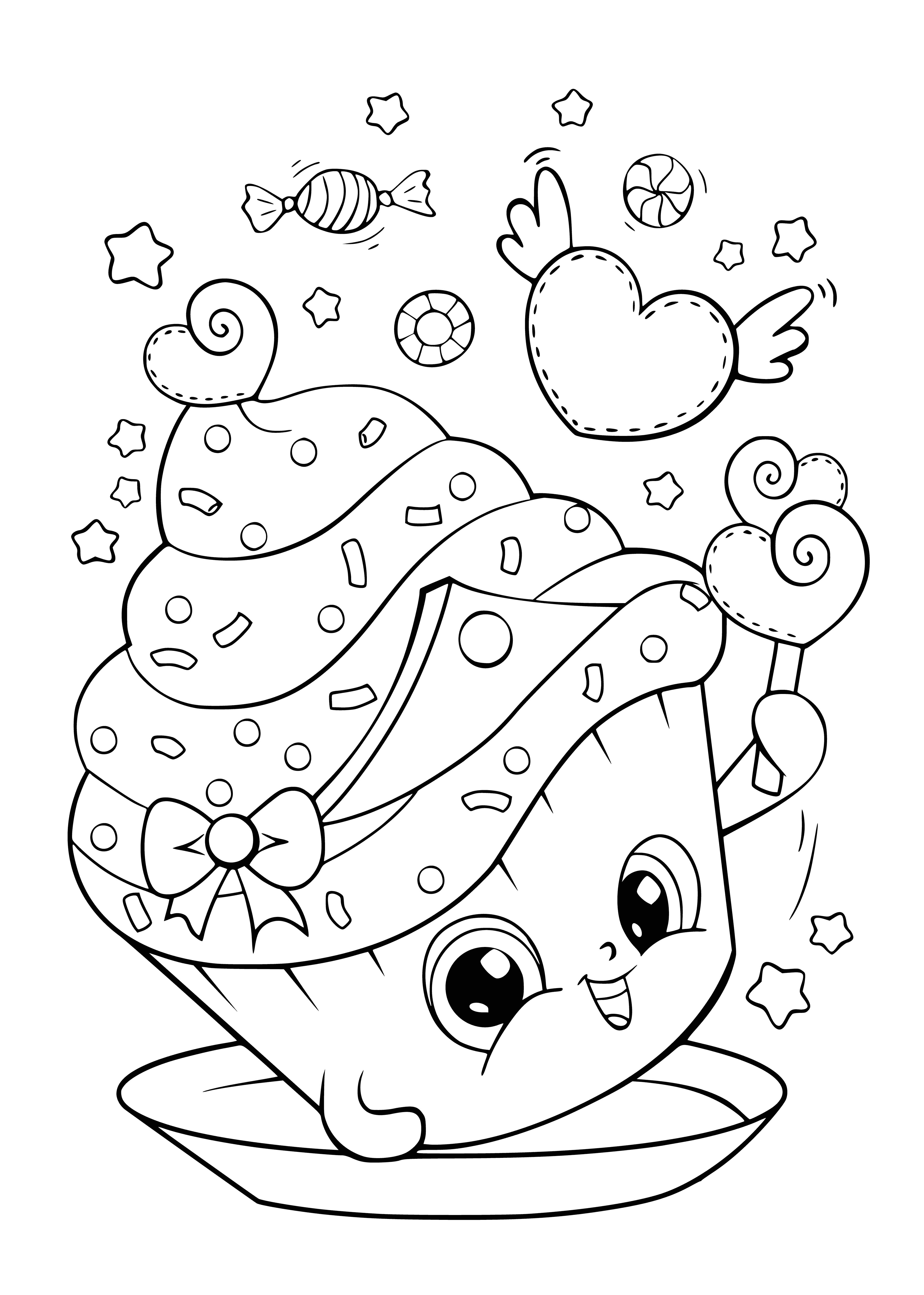 coloring page: Adorable kawaii cake drawn with swirls & hearts, perfect for coloring in & anyone who loves all things cute!