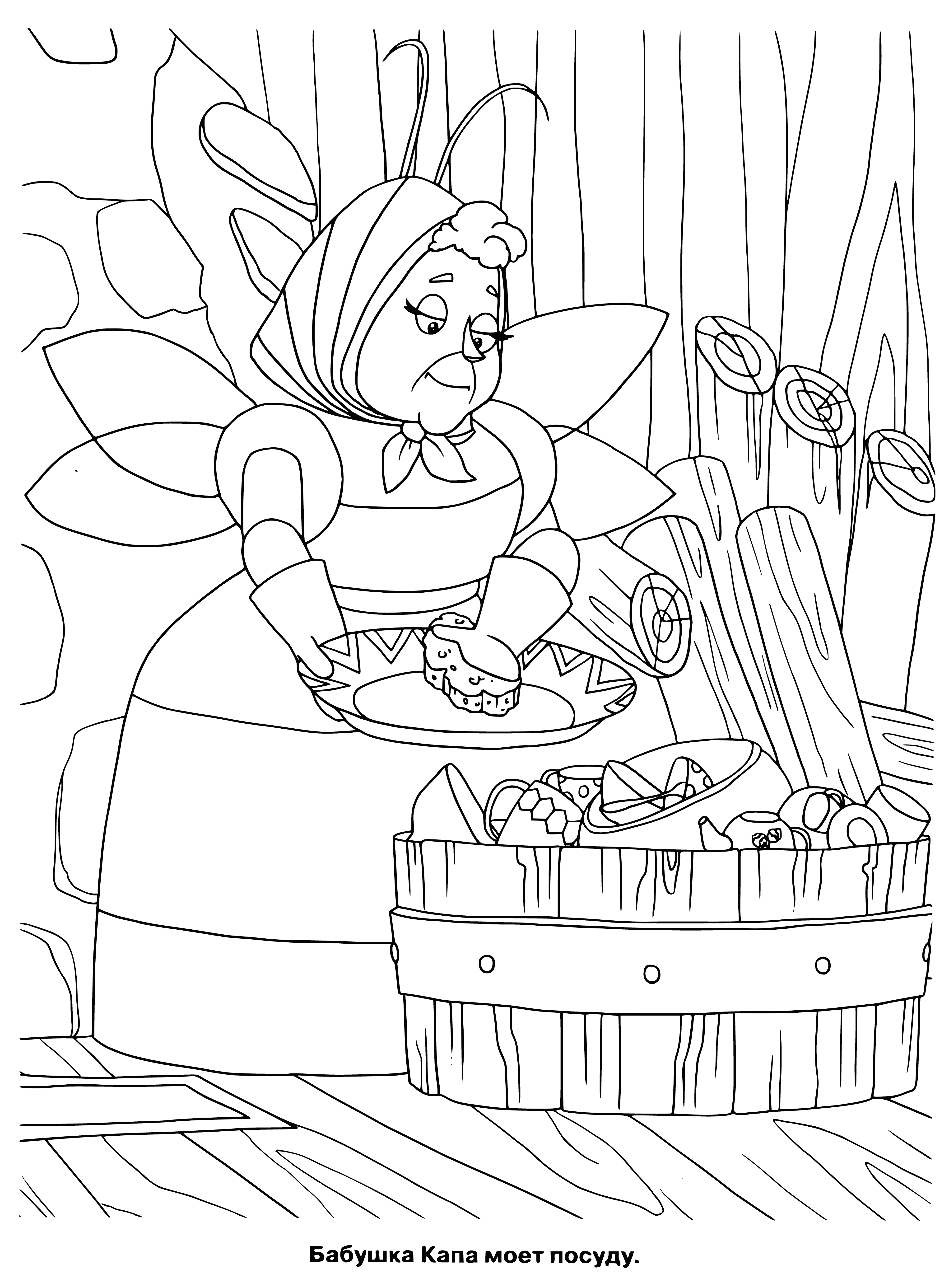 coloring page: Luntik and friends help in the kitchen: Luntik washes dishes while Baba Kapa assists.