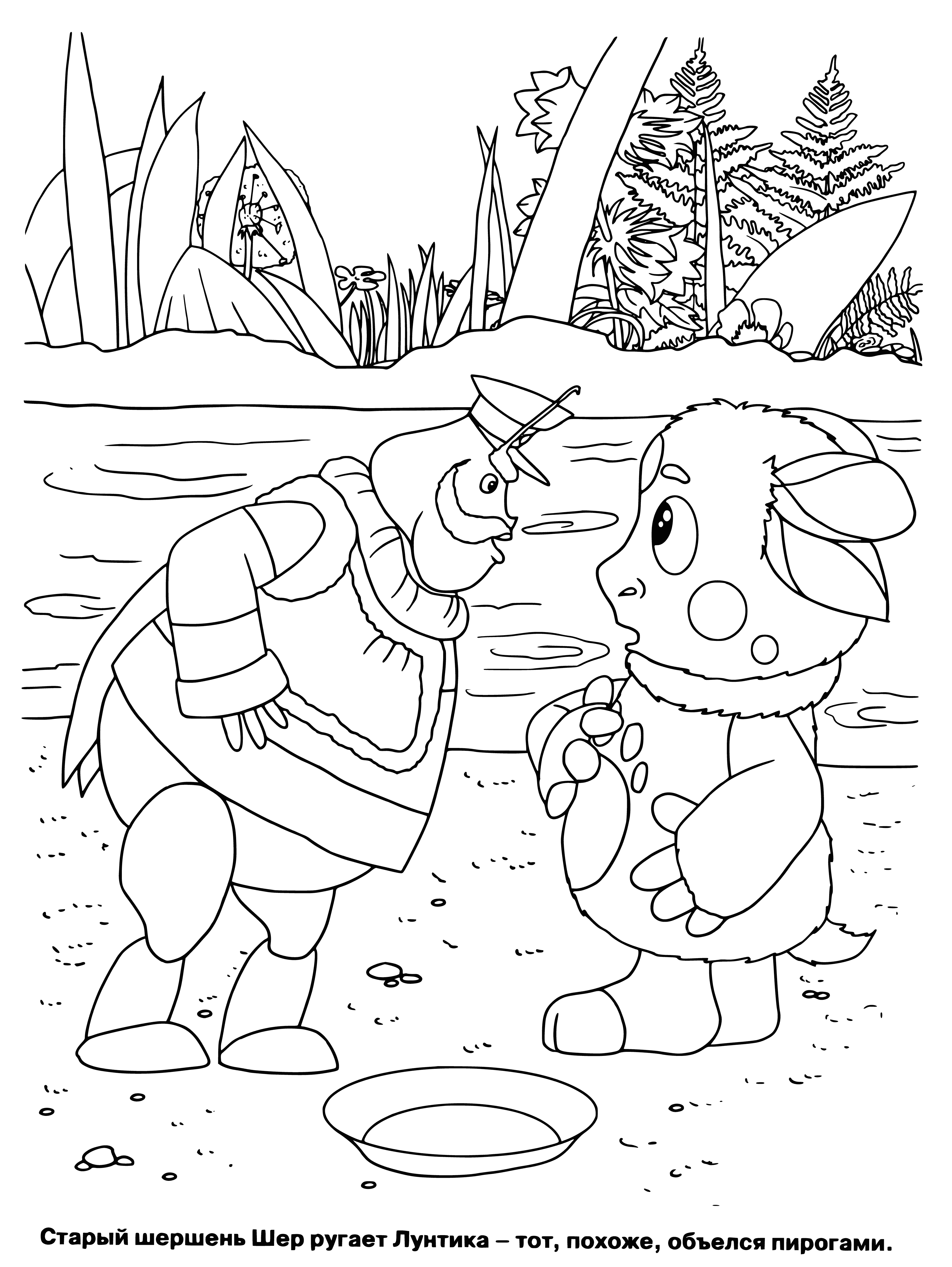 coloring page: Luntik and General Cher are best friends, both small creatures with big eyes and thin arms/legs.