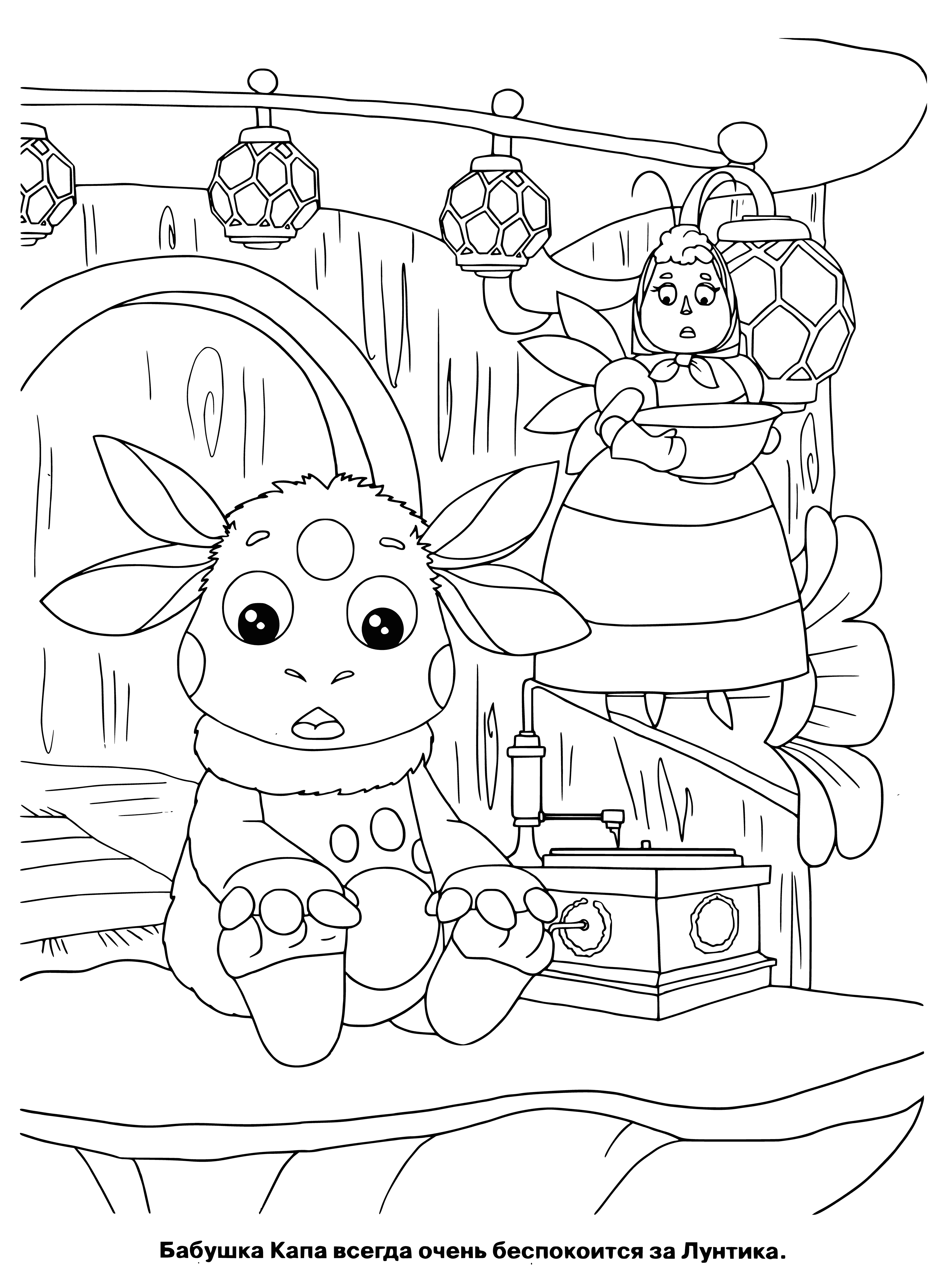coloring page: Luntik and two friends of different colors are enjoying some music together.