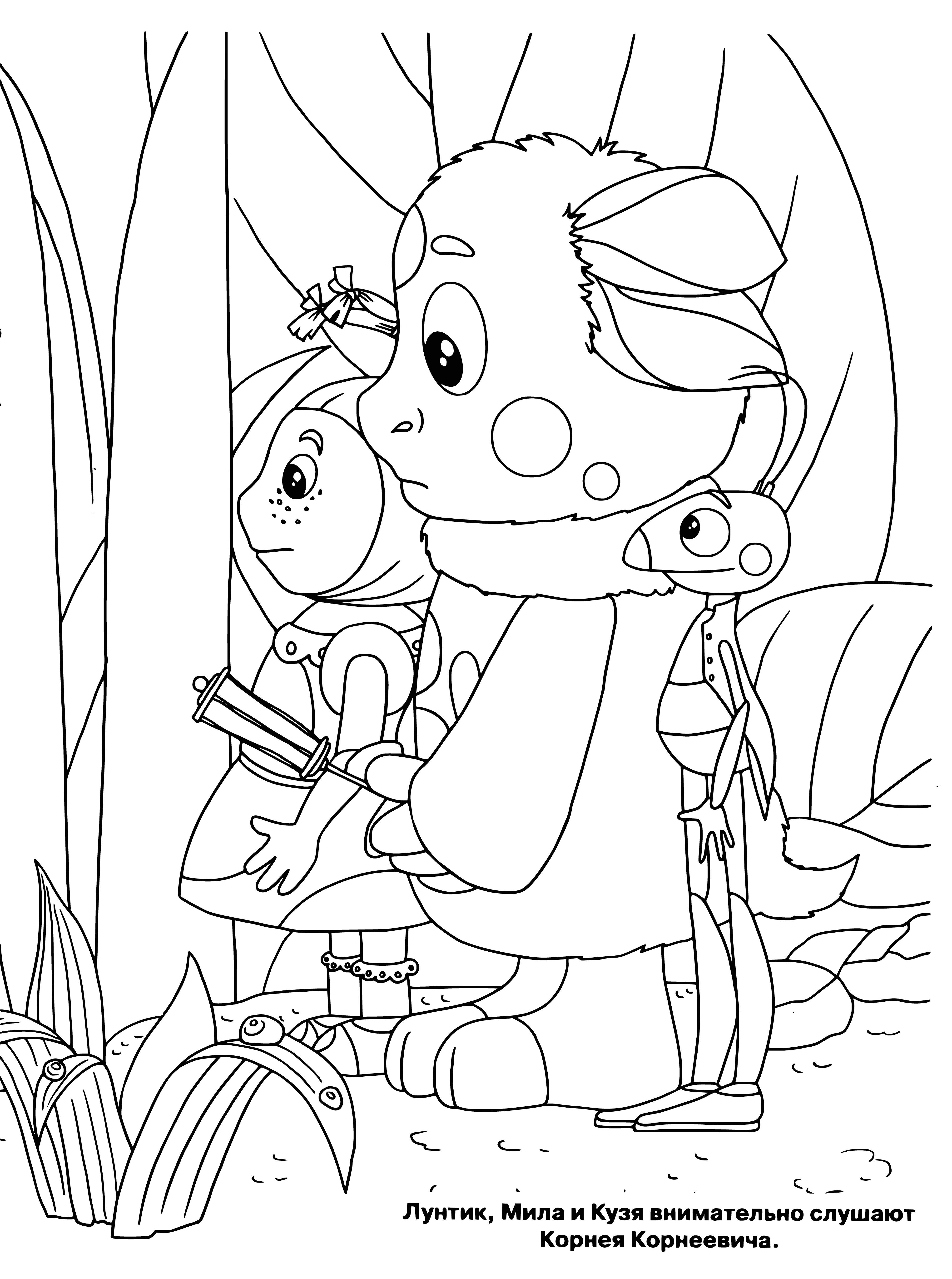 coloring page: Luntik and friends are in a field: Brown & white Luntik, pink Mila, purple Luntikika & blue Kuzya wearing diff. colored stripes.