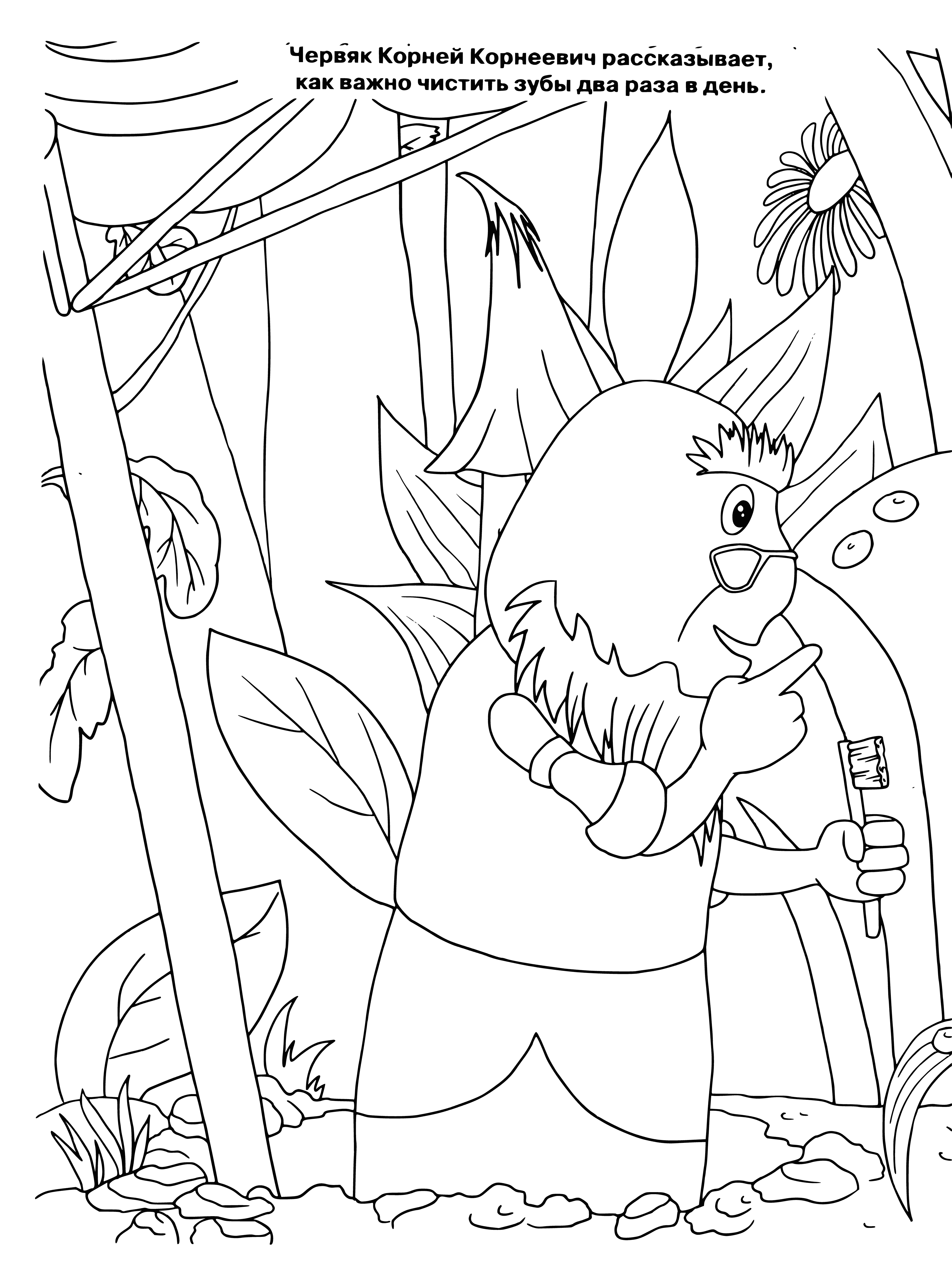 coloring page: Luntik, Korney Korneevich and the Little Blue live in the forest, wearing colorful hats and exploring.