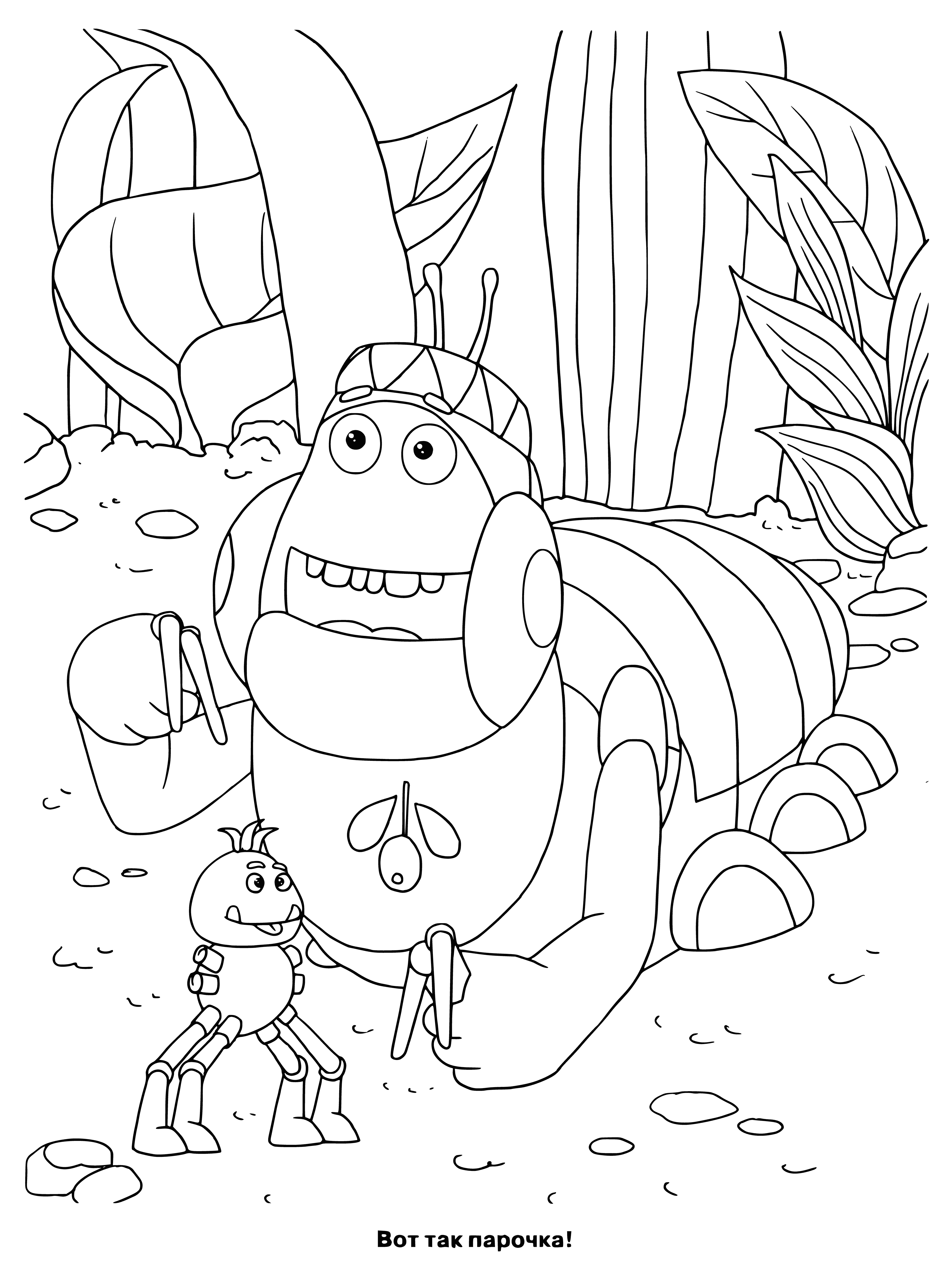 coloring page: A cheerful yellow creature holds a red ball among two frowning orange friends with blue noses, black eyes, & thin arms/legs.
