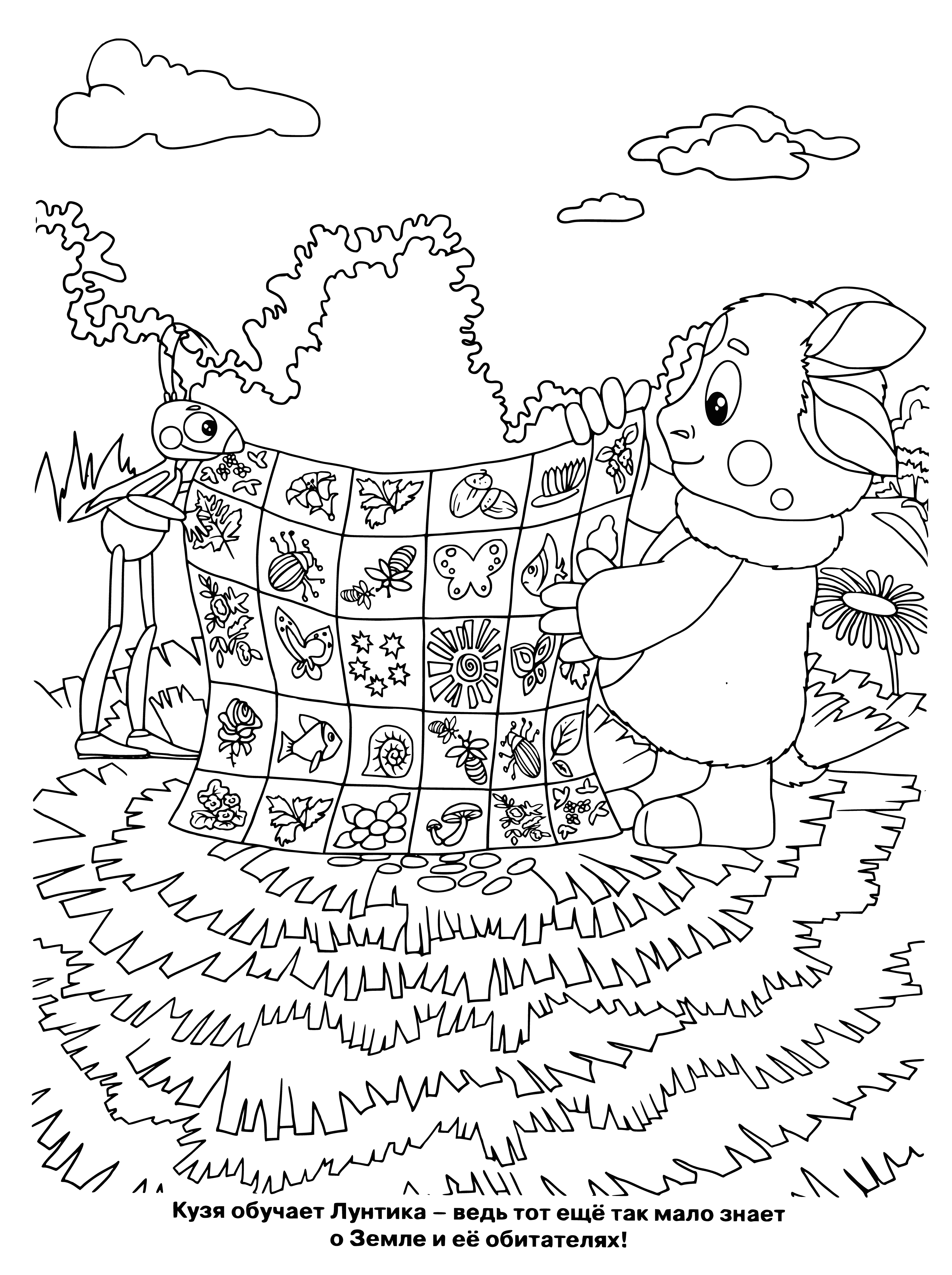 coloring page: 3 silly creatures w/ colorful handkerchiefs surround them, happy & cheerful.