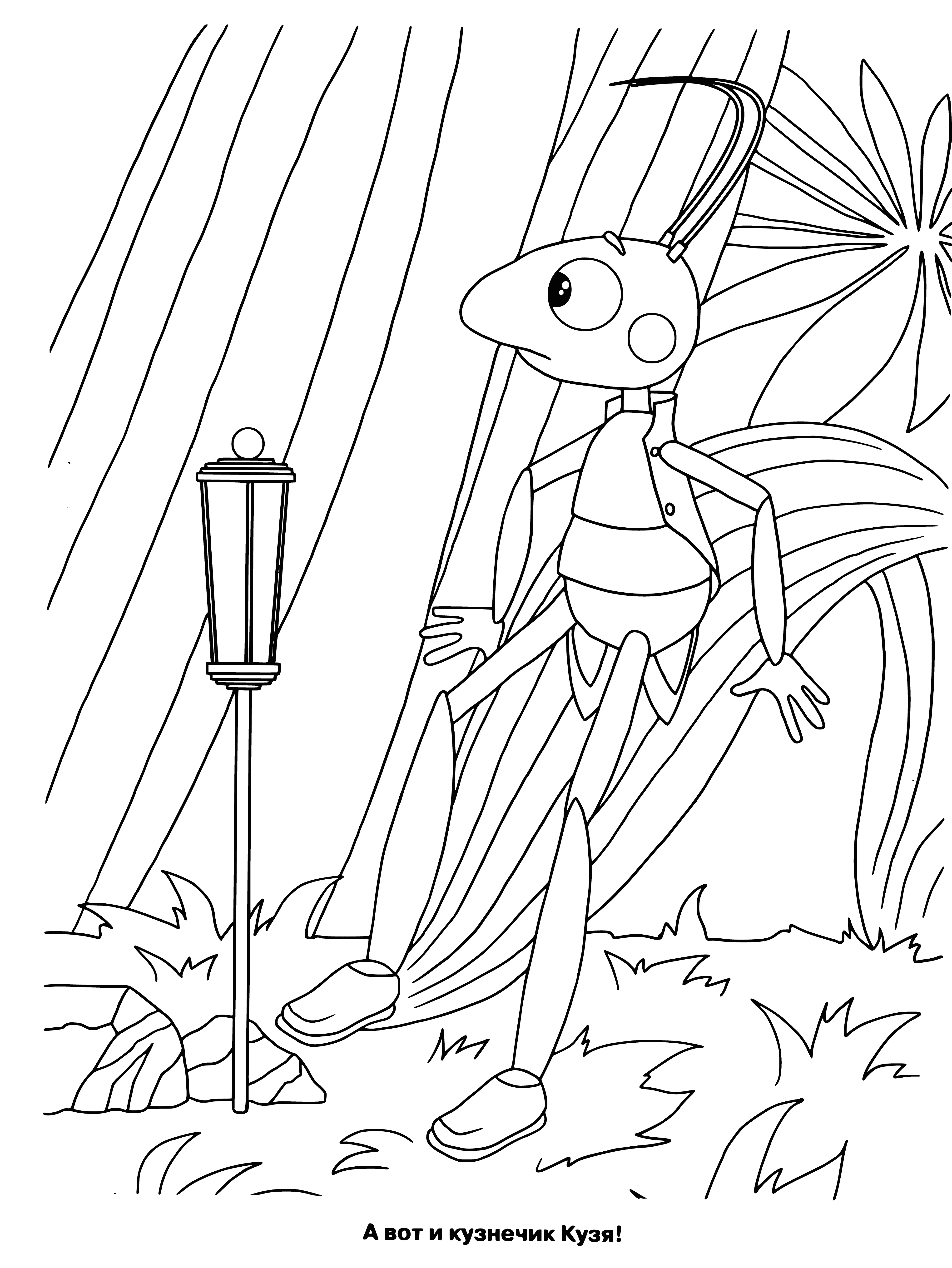 coloring page: Luntik and Kuzya, two cute, happy characters: one a six-legged green creature, the other a grasshopper holding a flower.