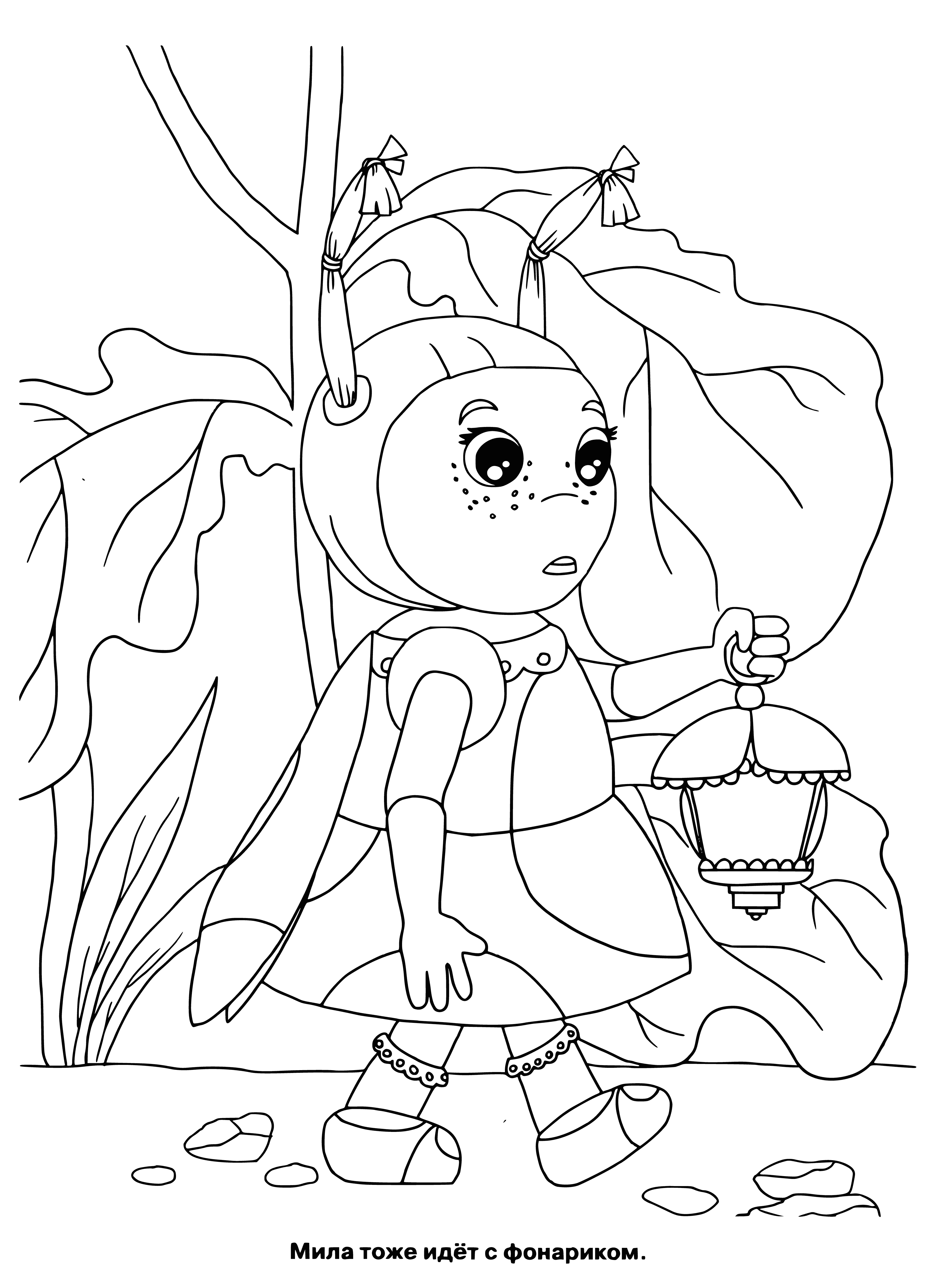 coloring page: 5 creatures in coloring pg - big heads, small bods, lg arms/legs, eyes on top, mouths/noses/ears, 4 fingers/toes. On a green grass bg w/blue sky & white clouds.