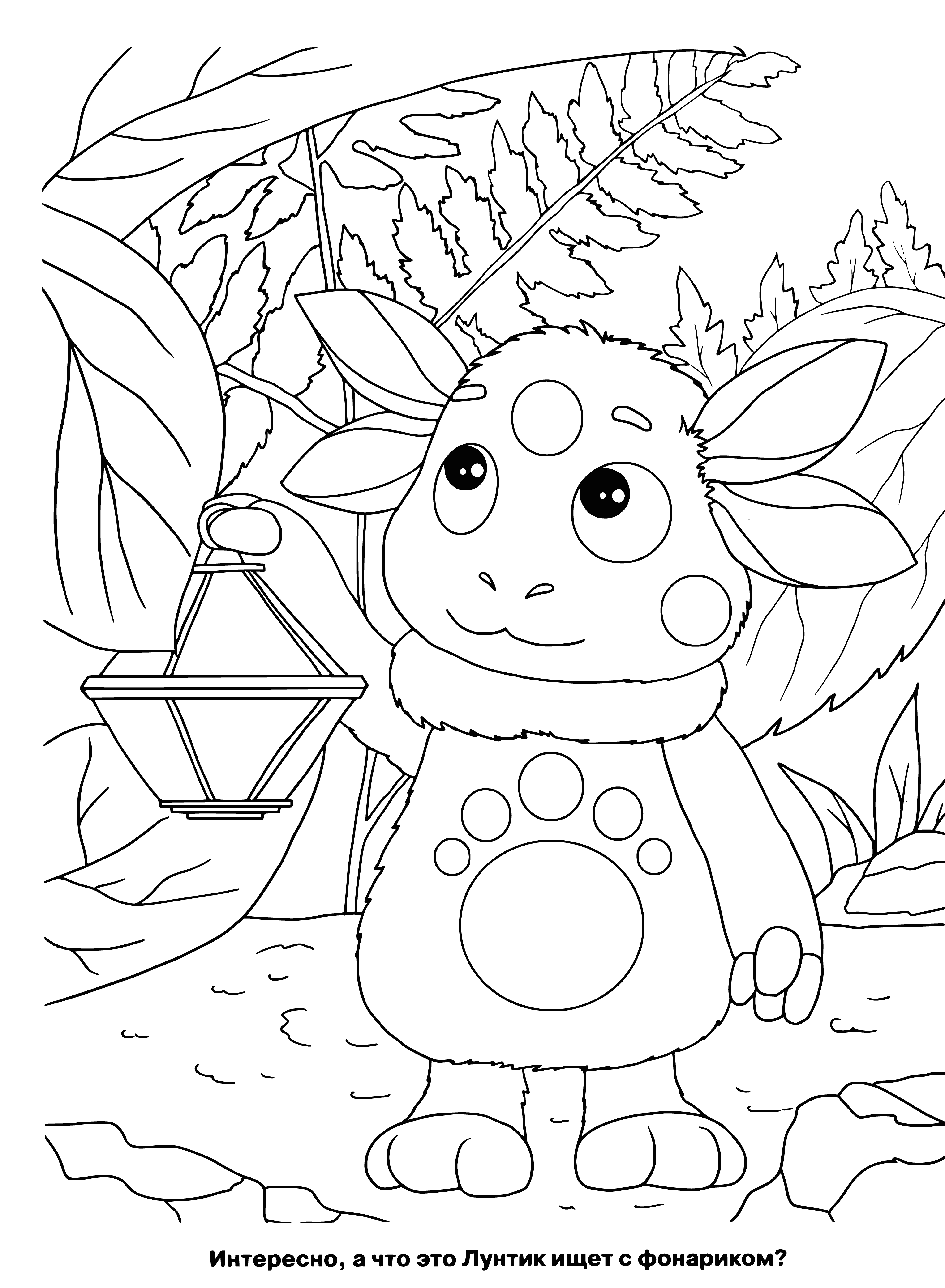 coloring page: Luntik and his friend have big smiles as they stand together, illuminated by a flashlight.