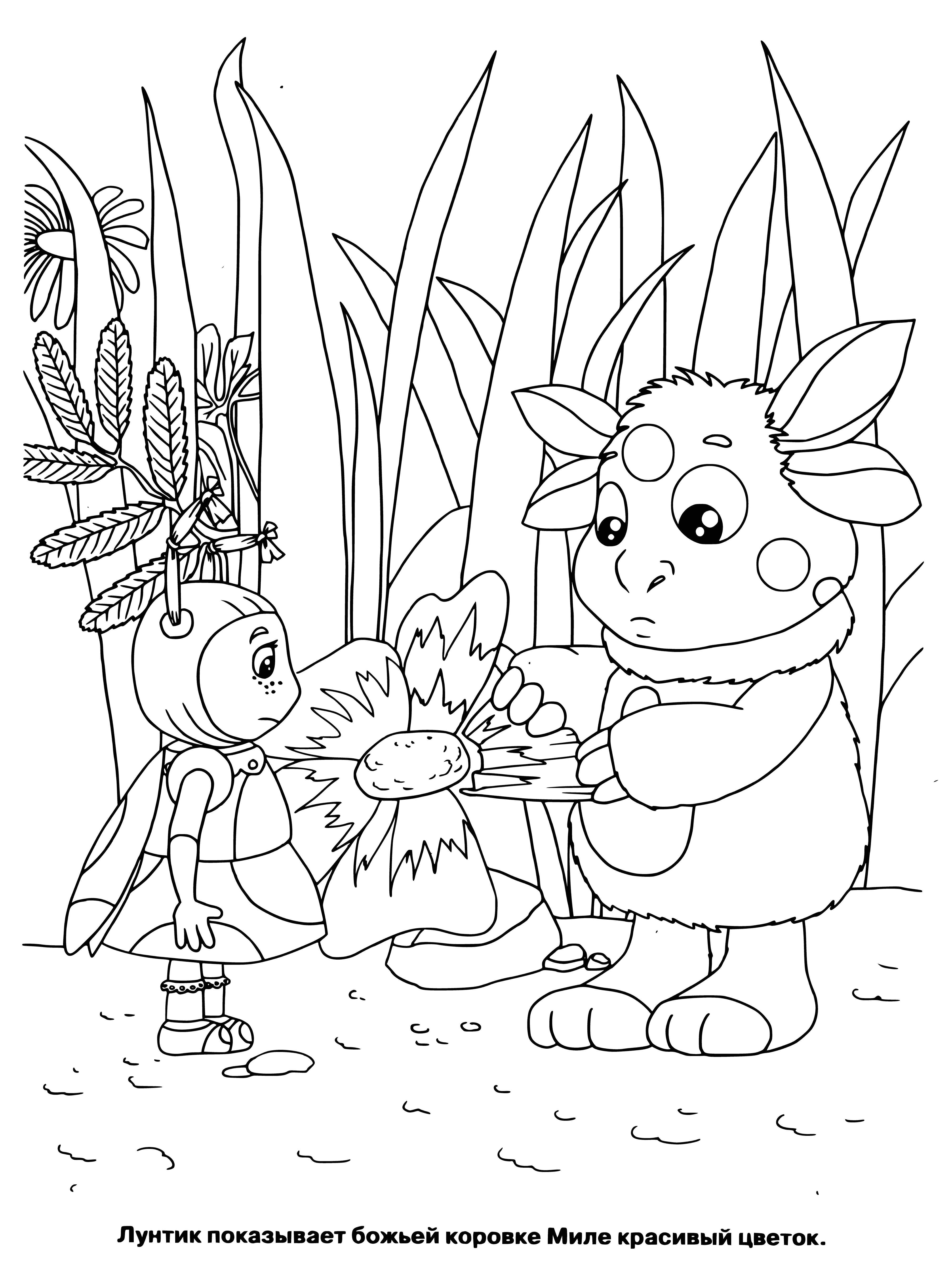 coloring page: A yellow creature stands on two short legs, holding two furry hands in front of three colorful blooms. #TheLittleGardener