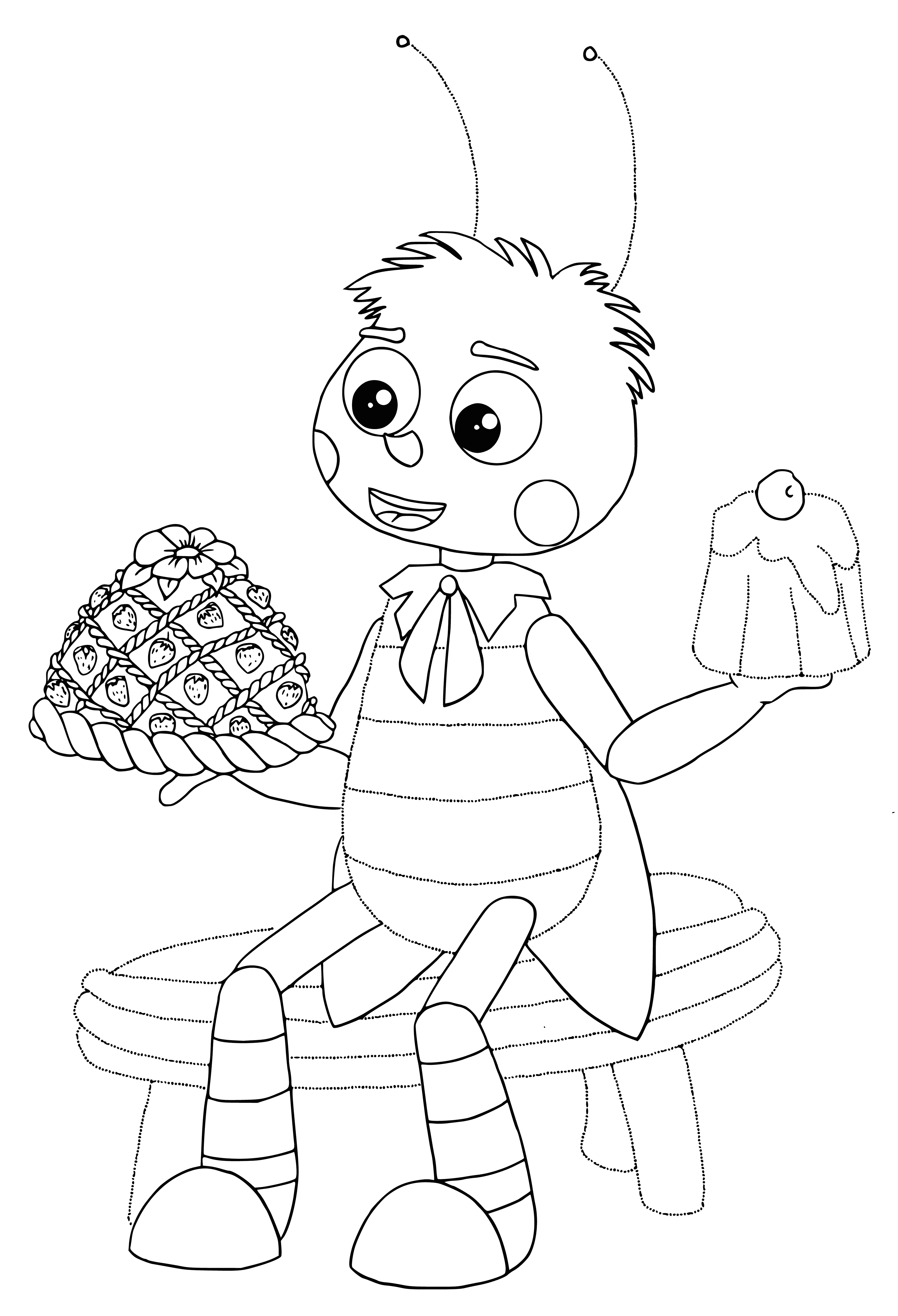 coloring page: Luntik and a large bee happily enjoy a pie together.