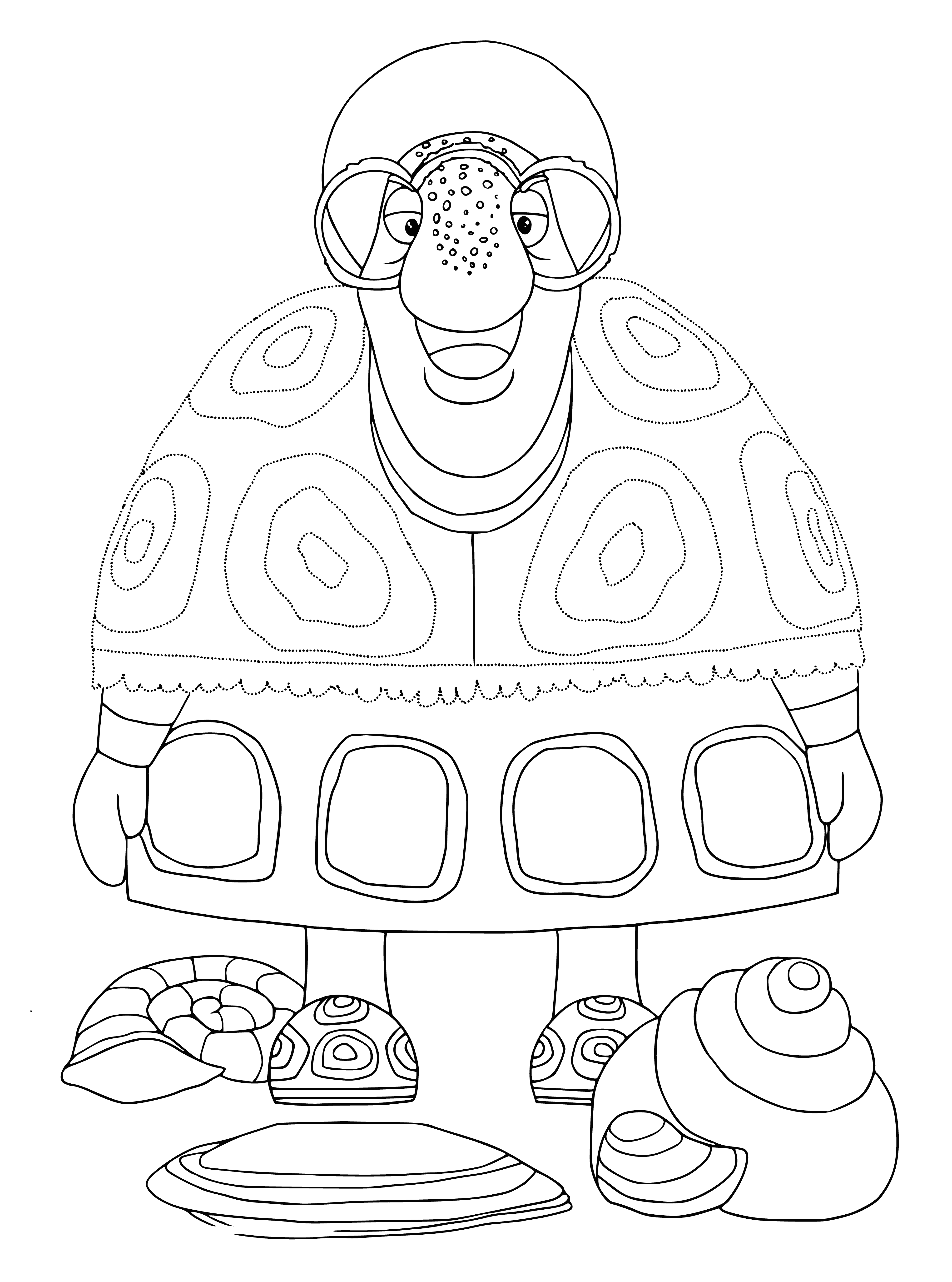coloring page: Luntik and four turtles sitting on a log near a pond. Luntik has two ears, two eyes, and a nose. He's wearing red and blue. Two turtles on the log, one on Luntik's lap, and one in the water. #Luntik #Turtles