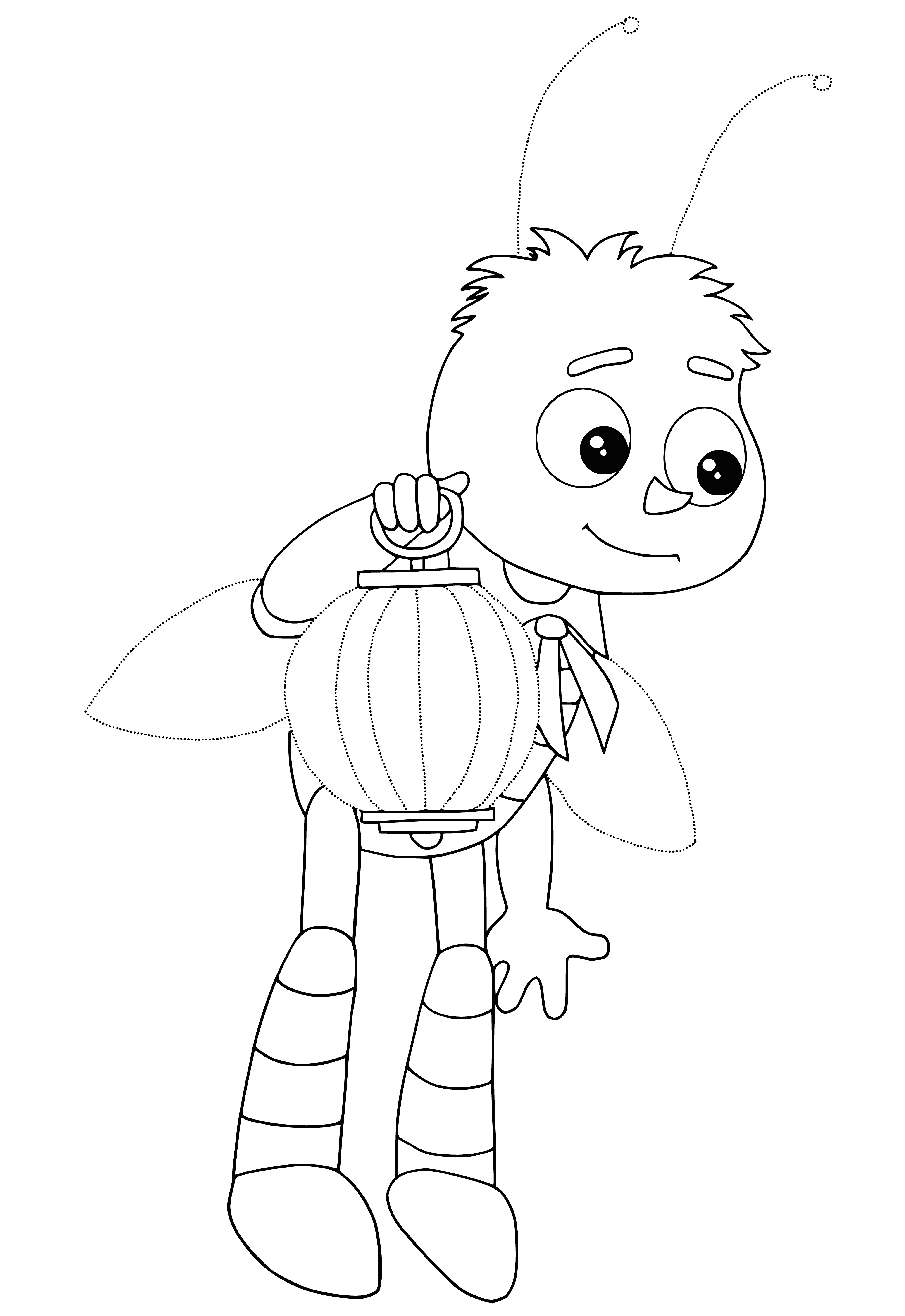 coloring page: Four happy, content creatures - one with a honeycomb - surround a small, chubby one with big eyes in a coloring page.