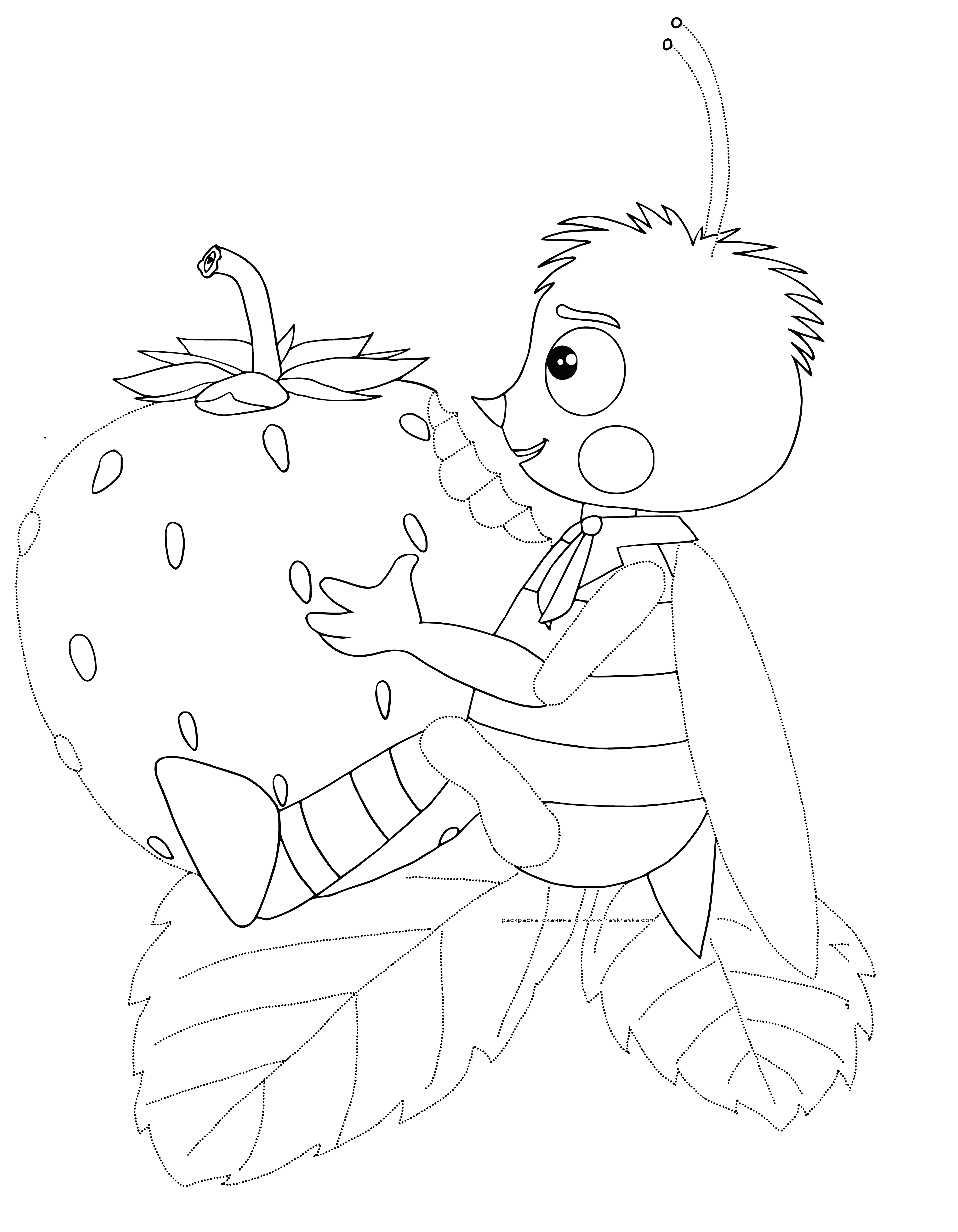 coloring page: Luntik, a light-colored creature, is in the center of the page, with a bee with a red strawberry and a mouse with long ears on either side.