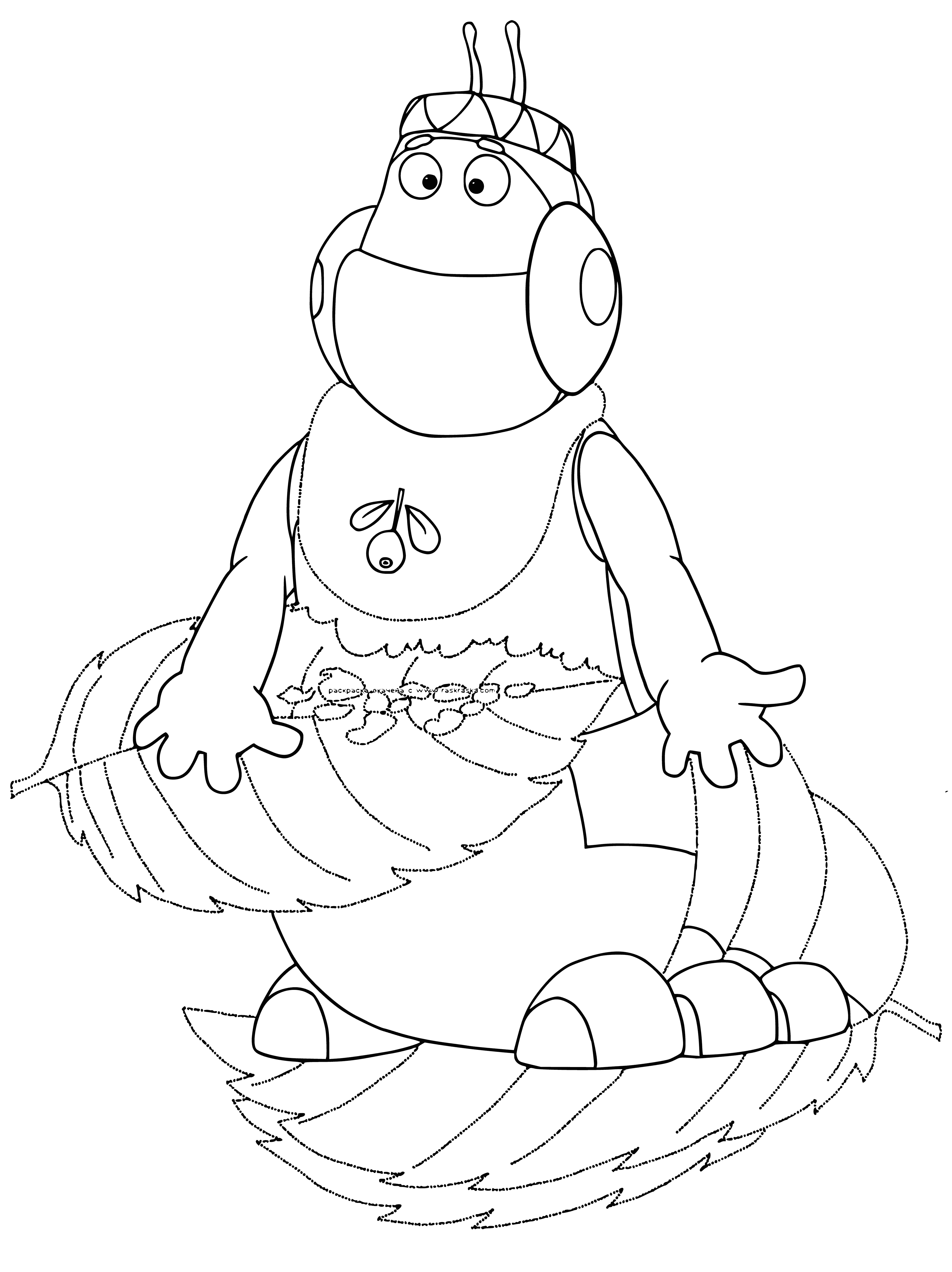 coloring page: Giant blue creature w/ large nose & big eyes is surrounded by smaller creatures w/ different colors & patterns on their fur, all appearing friendly.