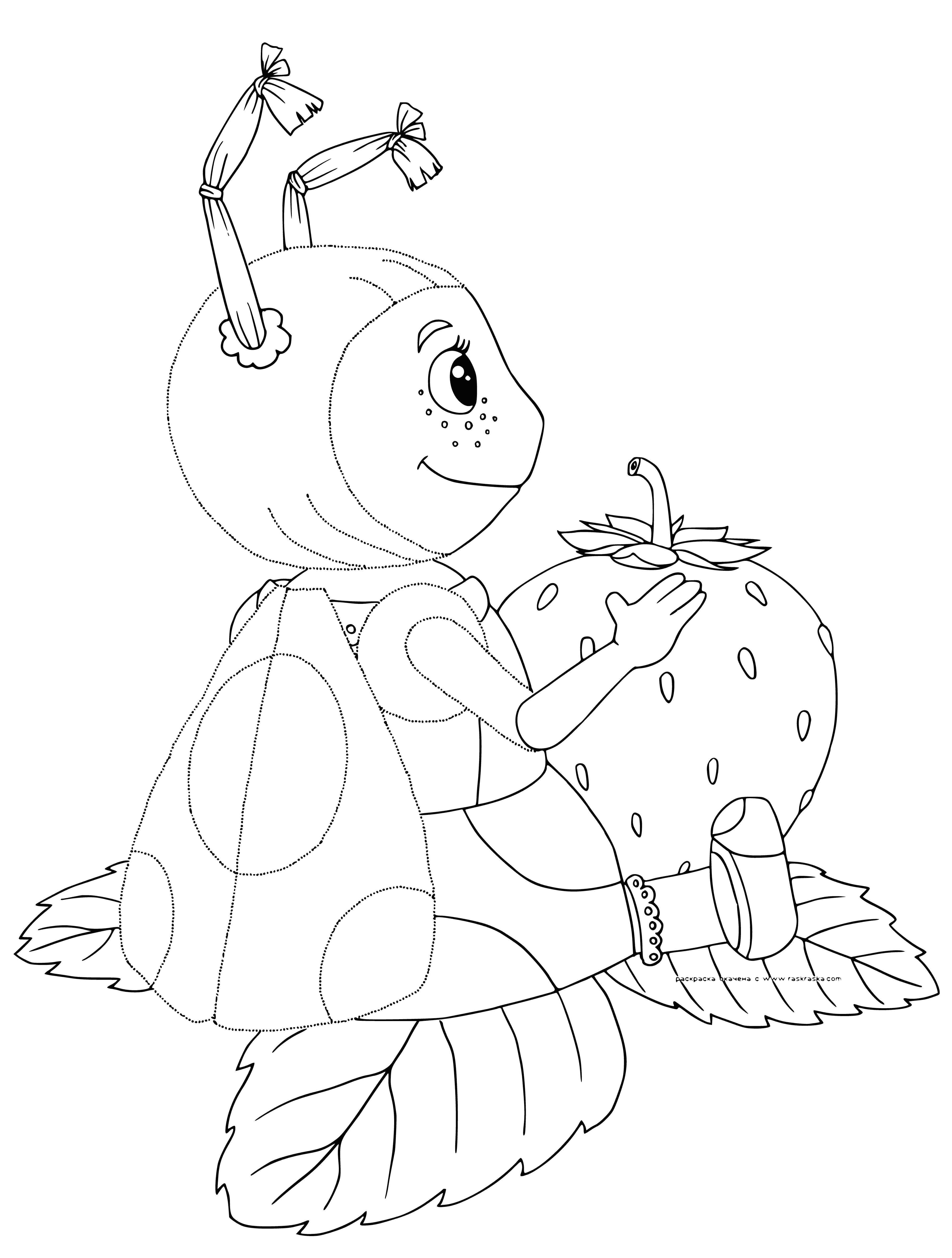 coloring page: Luntik and Mila are in a strawberry field. Luntik has a basket, while Mila is enjoying one. #StrawberryPicking