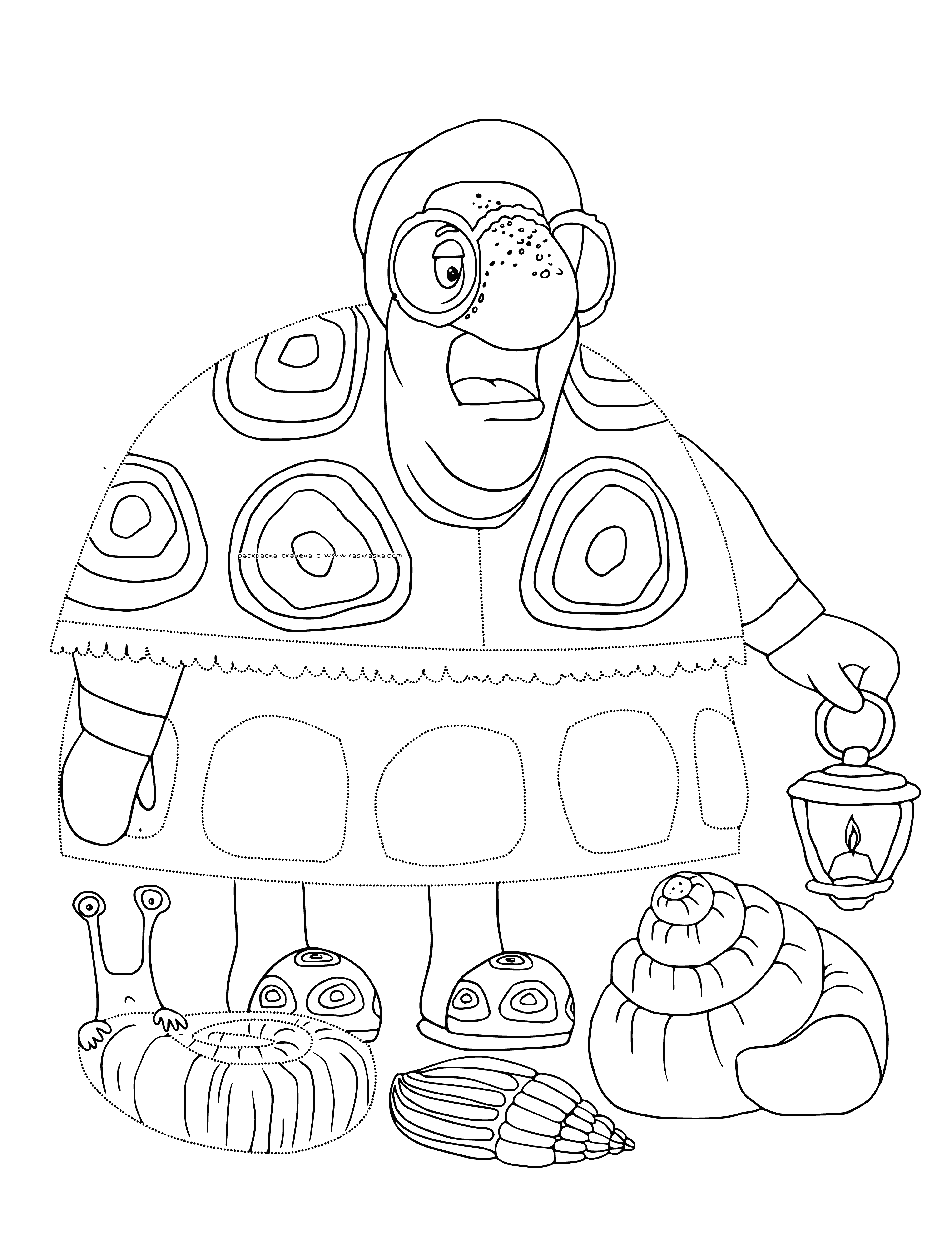 coloring page: Luntik stands on a turtle with friends, two small blue creatures with big eyes and small noses.