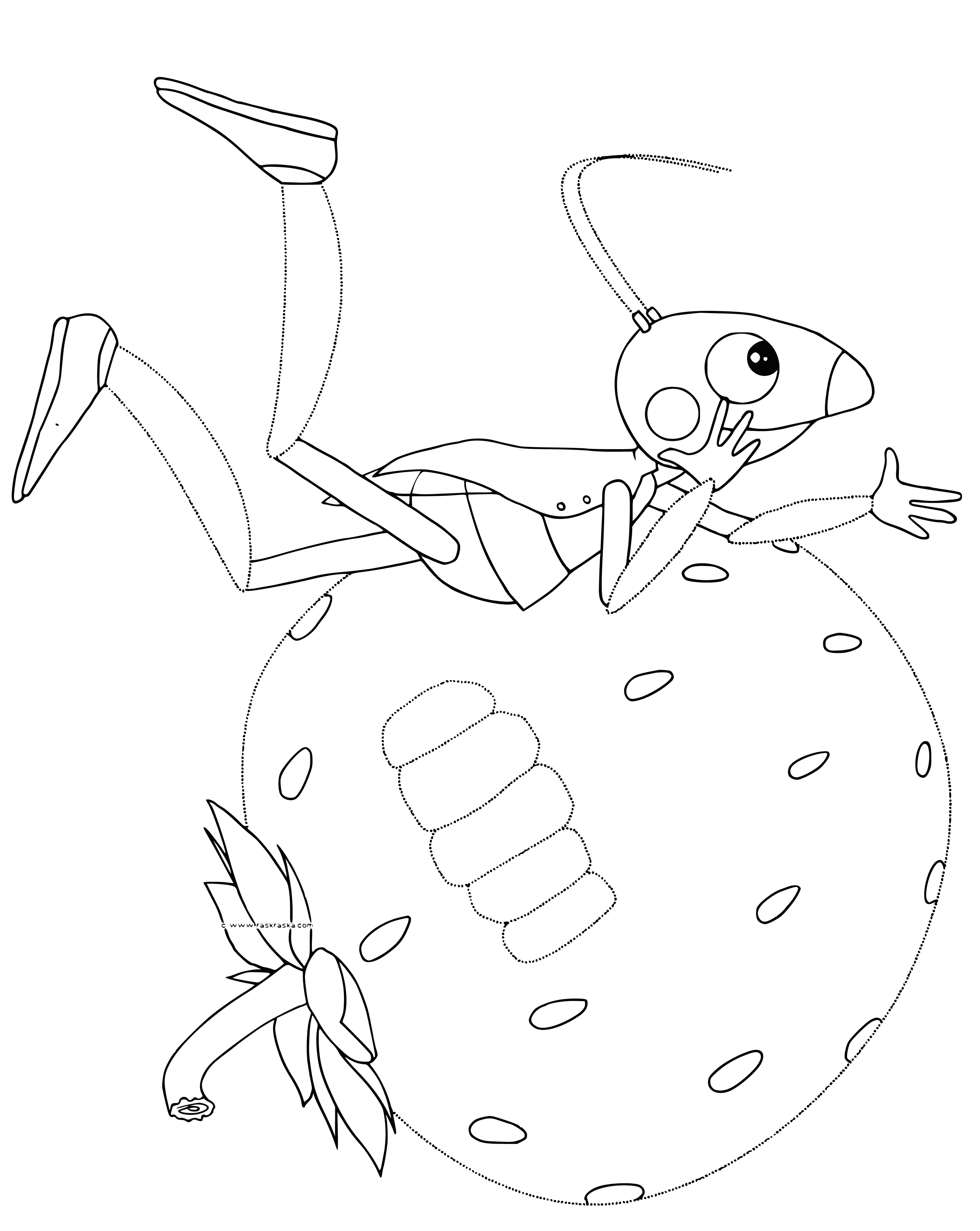 coloring page: Luntik & Kuzya have fun sitting together on a leaf. Luntik has big eyes & 4 arms/legs, Kuzya has small eyes/antennae & holds onto Luntik with front legs.