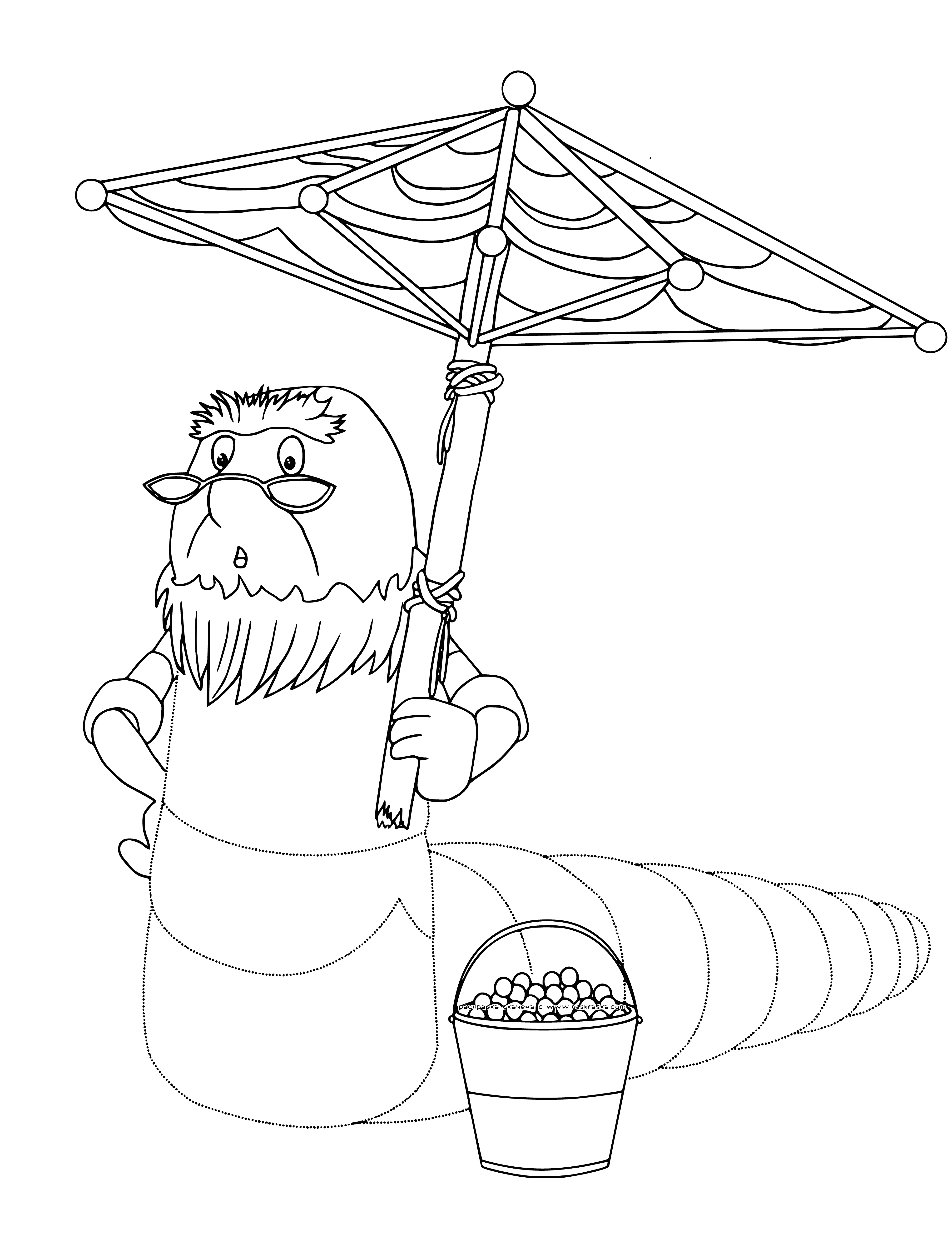 coloring page: Two creatures - blue, yellow & orange - standing on two legs with two small arms each, wearing different clothes.