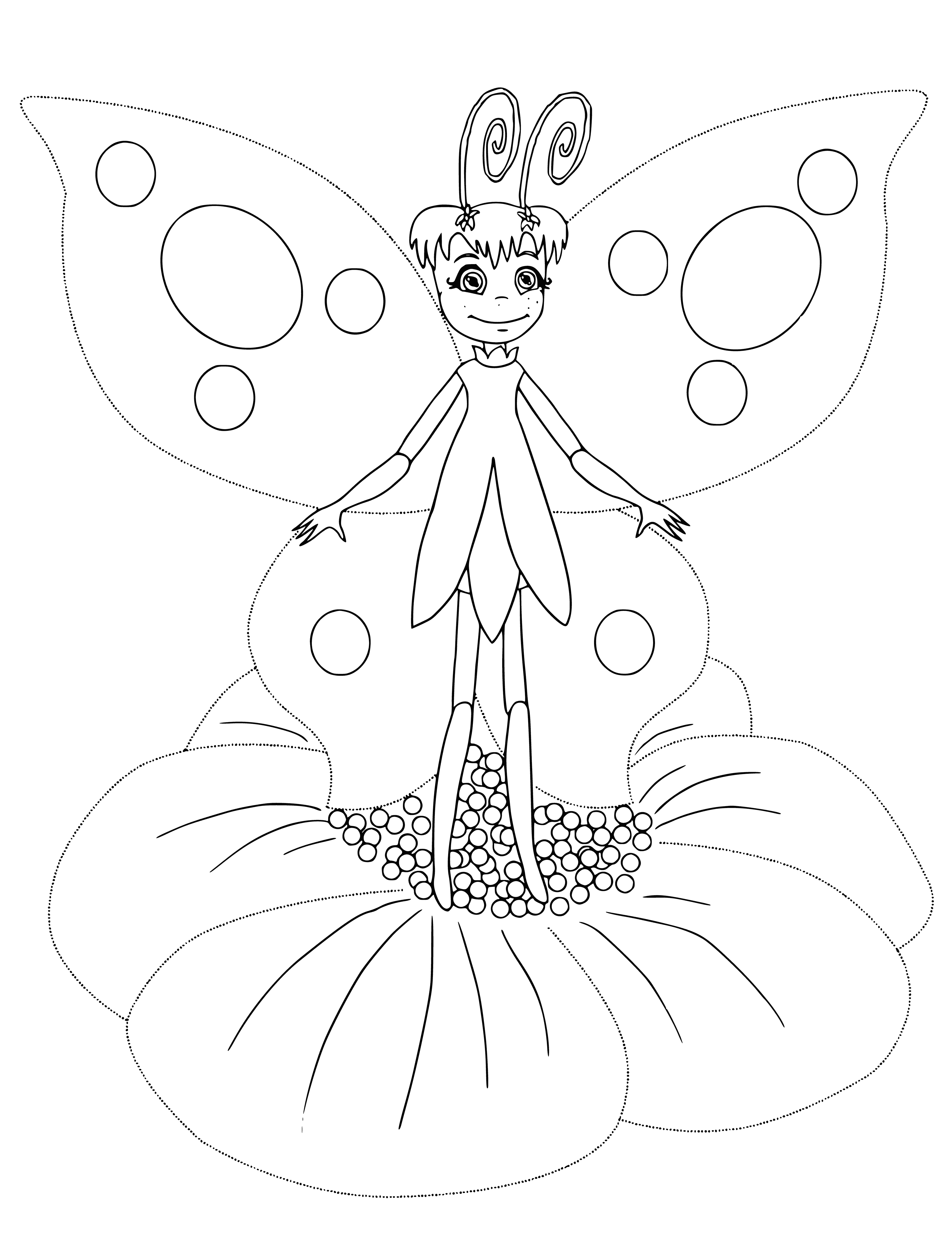 coloring page: Luntik and his friend Butterfly fly around a big flower, both smiling with bright eyes and outstretched hands.