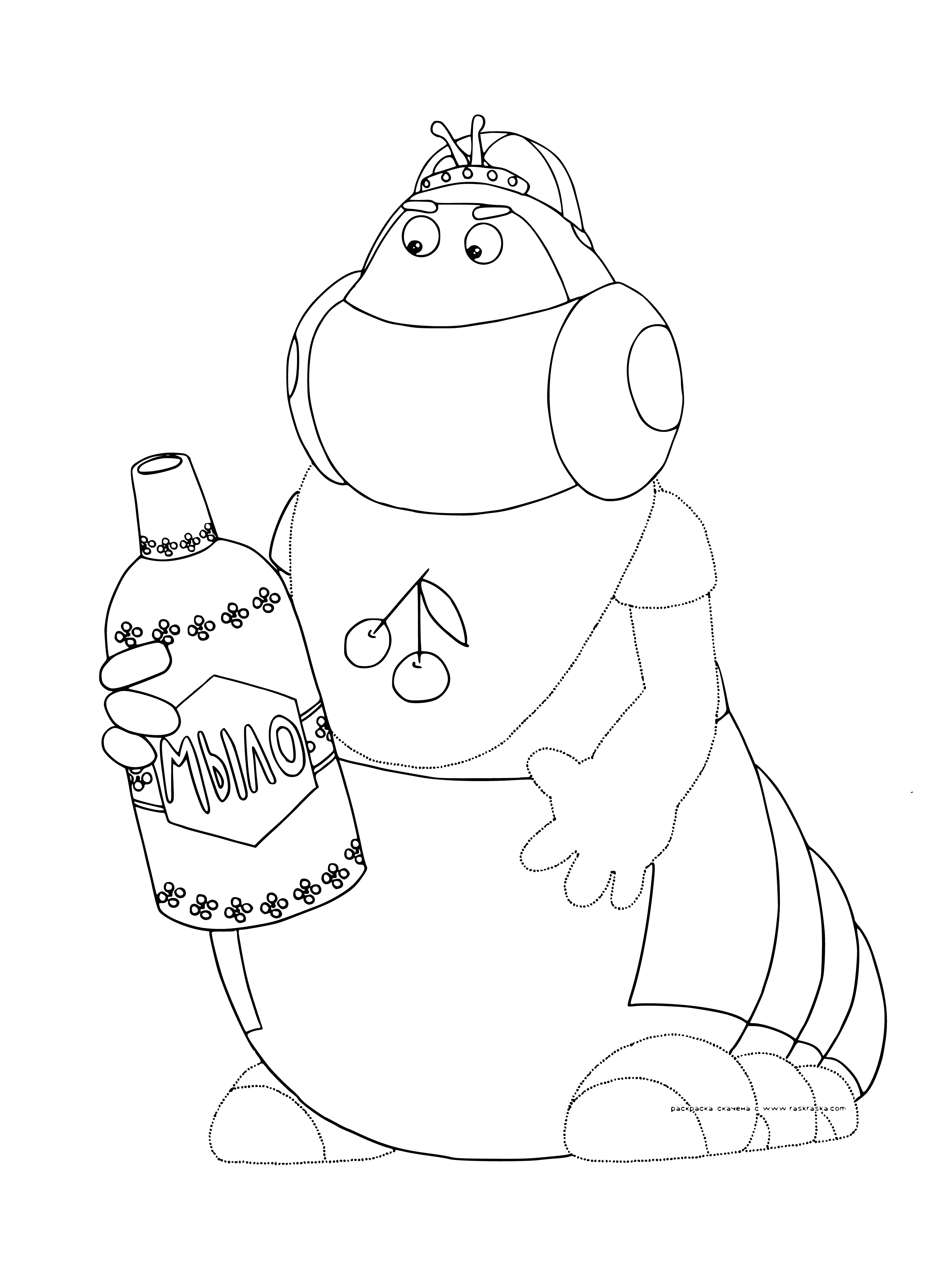 coloring page: Creature Luntik & Whoopsen standing on platform with blue sky & clouds. Luntik mostly blue, Whoopsen all yellow with soap bubbles.